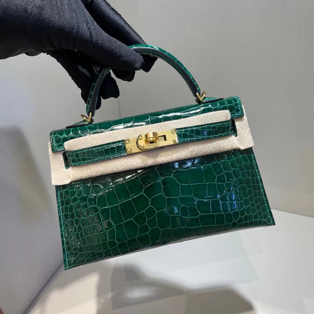 Hermès（爱马仕）mini Kelly Ⅱ 迷你凯莉 亮面美洲鳄 shiny alligator ck67 祖母绿 金扣 19cm