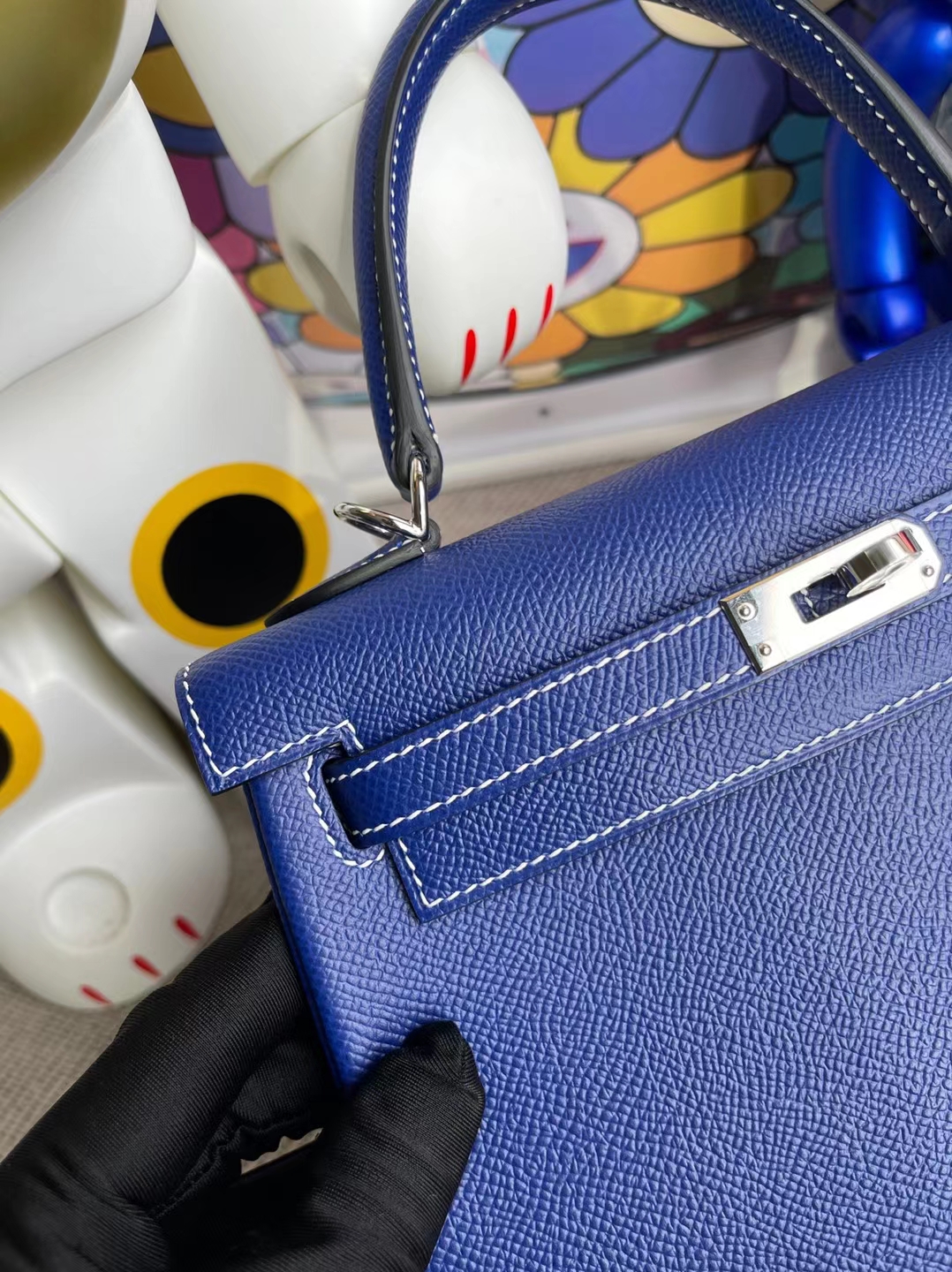 Hermès（爱马仕）Kelly 凯莉包 Epsom 内缝 7T 电光蓝 白色线 银扣 25cm 订制