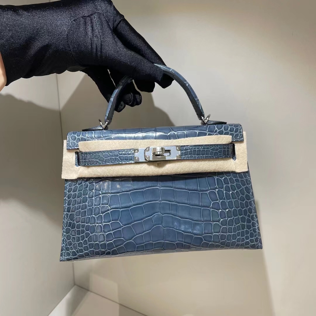Hermès（爱马仕）mini Kelly Ⅱ 迷你凯莉 亮面美洲鳄 shiny alligator ck75 牛仔蓝 银扣 19cm
