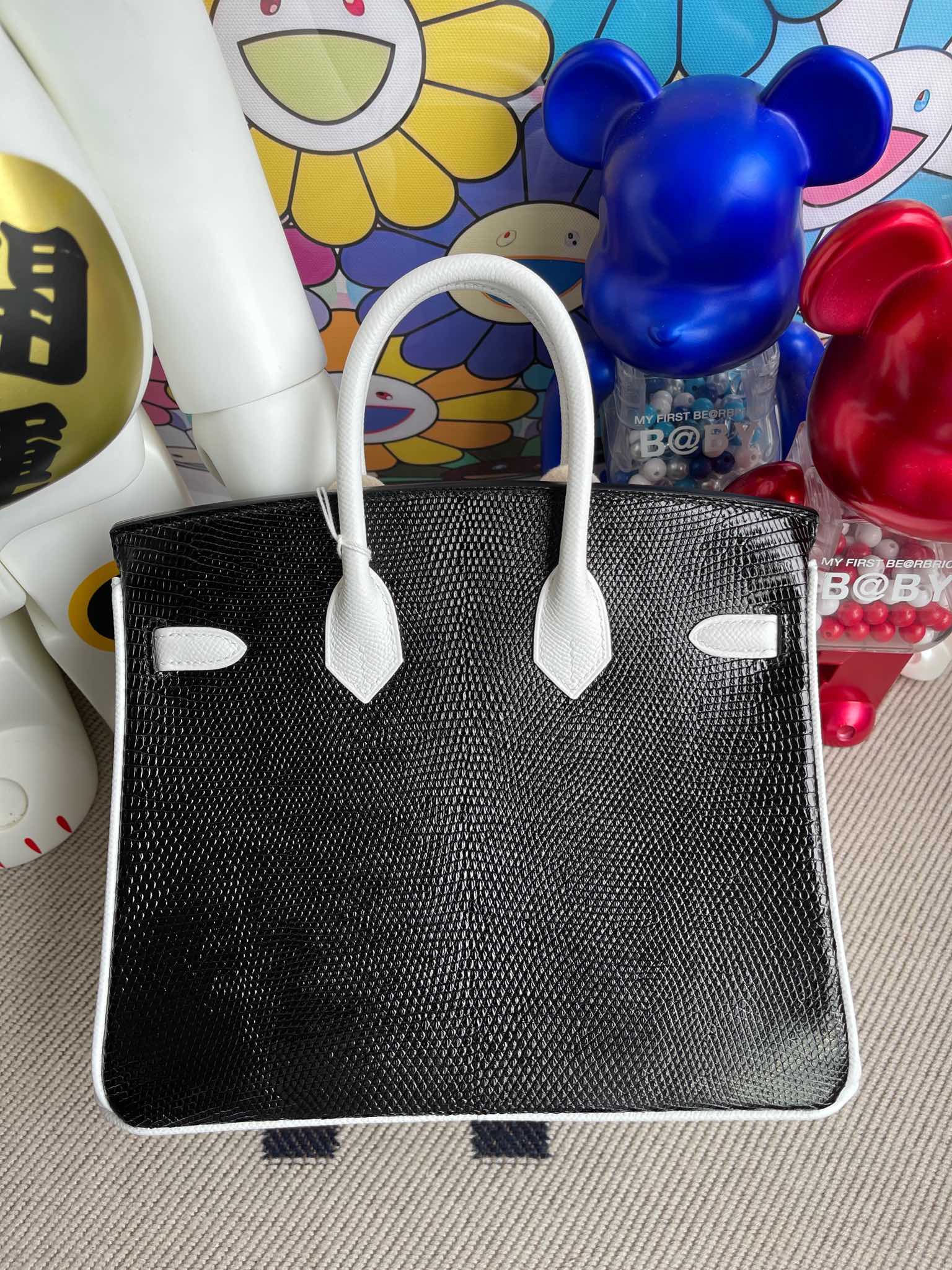 Hermès（爱马仕）Birkin 铂金包 Lizard 黑色 拼 epsom 纯白 银扣 25cm