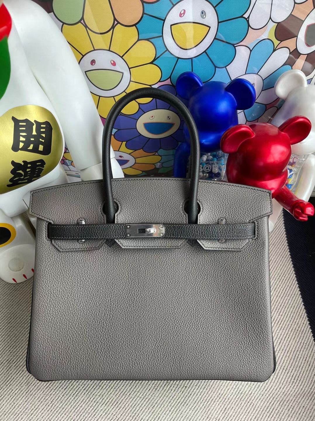 Hermès（爱马仕）Birkin 铂金包 Togo 8F 锡器灰 拼 Ck89 黑色 银扣 30cm