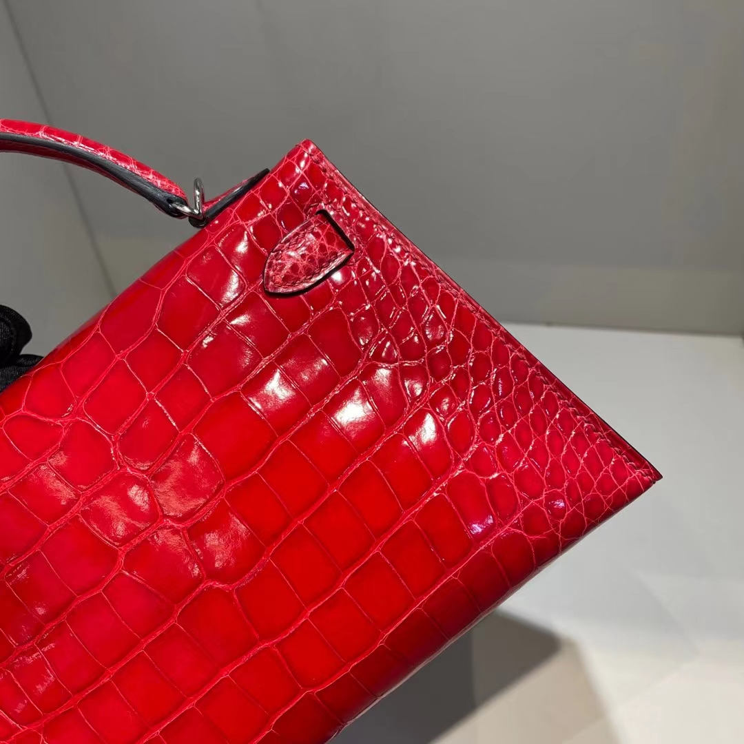 Hermès（爱马仕）Mini Kelly Ⅱ 19cm 亮面美洲鳄鱼 shiny alligator crocodile ck95 法拉利红 银扣