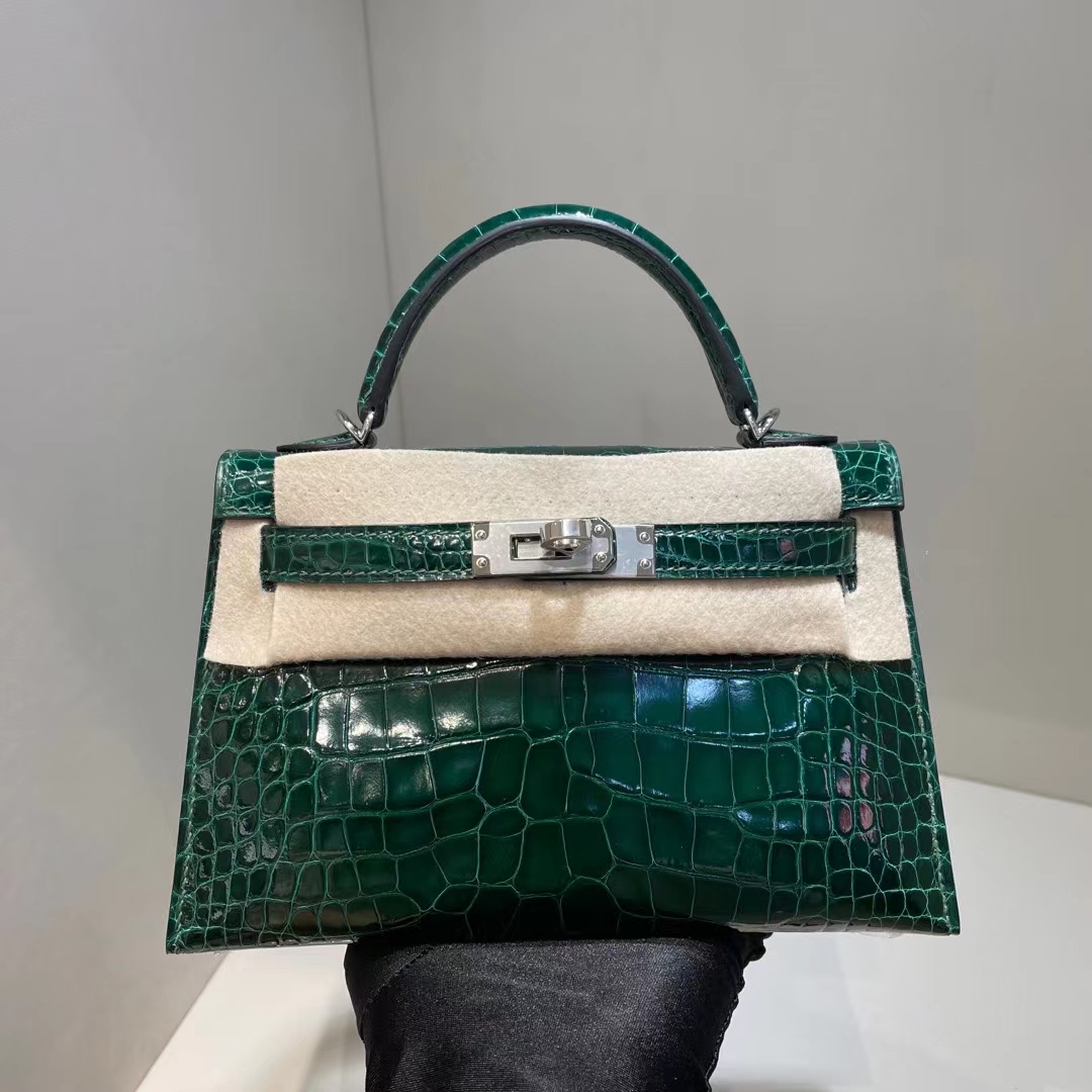 Hermès（爱马仕）mini Kelly Ⅱ 迷你凯莉 亮面美洲鳄 shiny alligator ck67 祖母绿 银扣 19cm