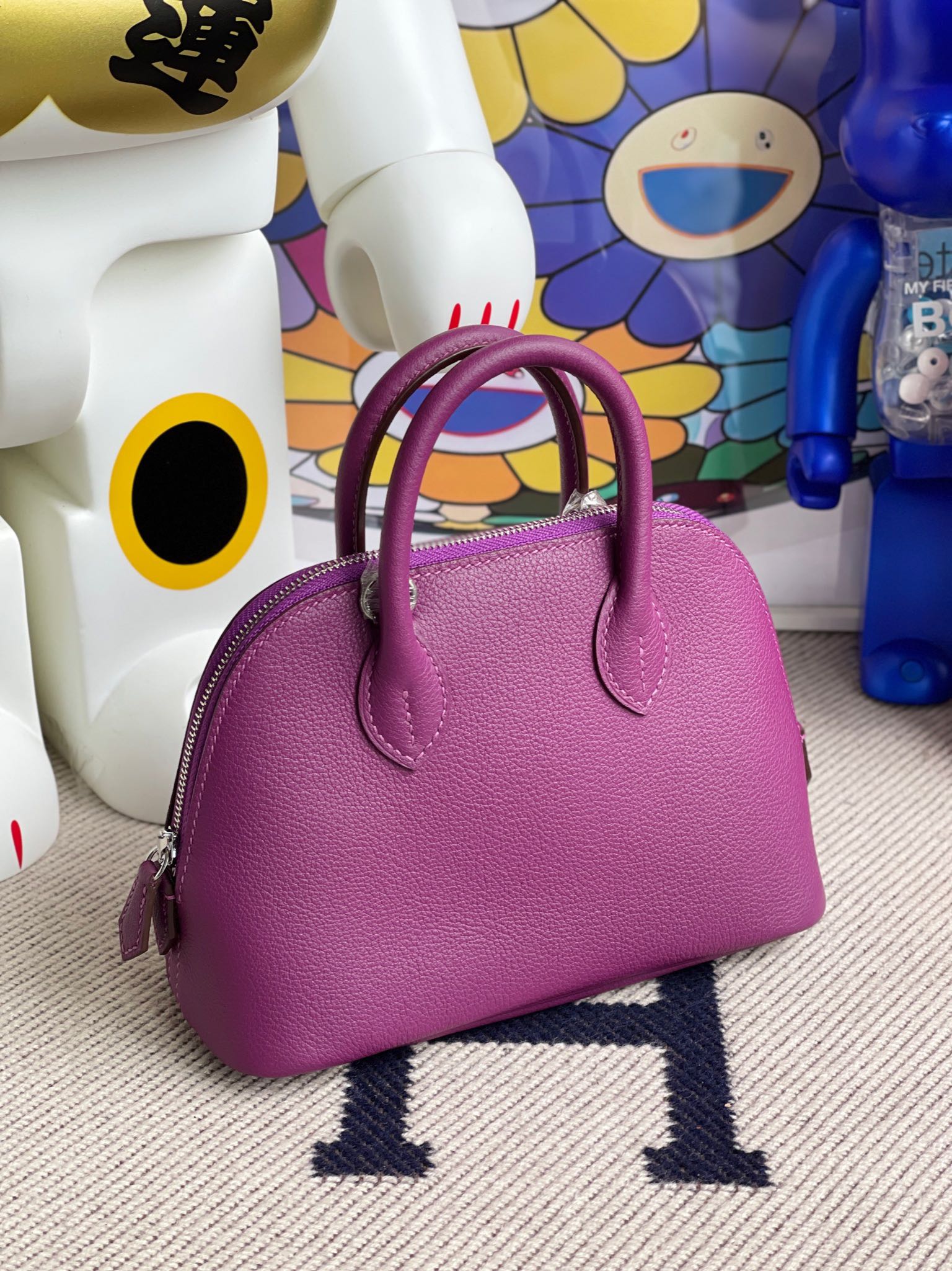 Hermès（爱马仕）Mini Bolide 迷你 保龄球包 evecolor p9 海葵紫 anemone 银扣 顶级手缝