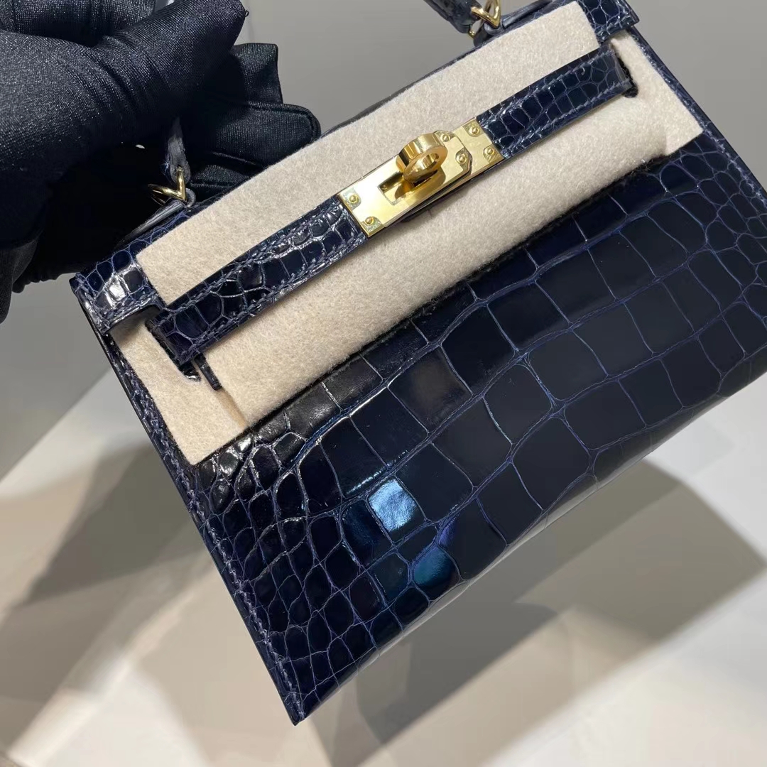 Hermès（爱马仕）Mini Kelly Ⅱ 19cm 亮面美洲鳄鱼 Ck73 宝石蓝 金扣 stock