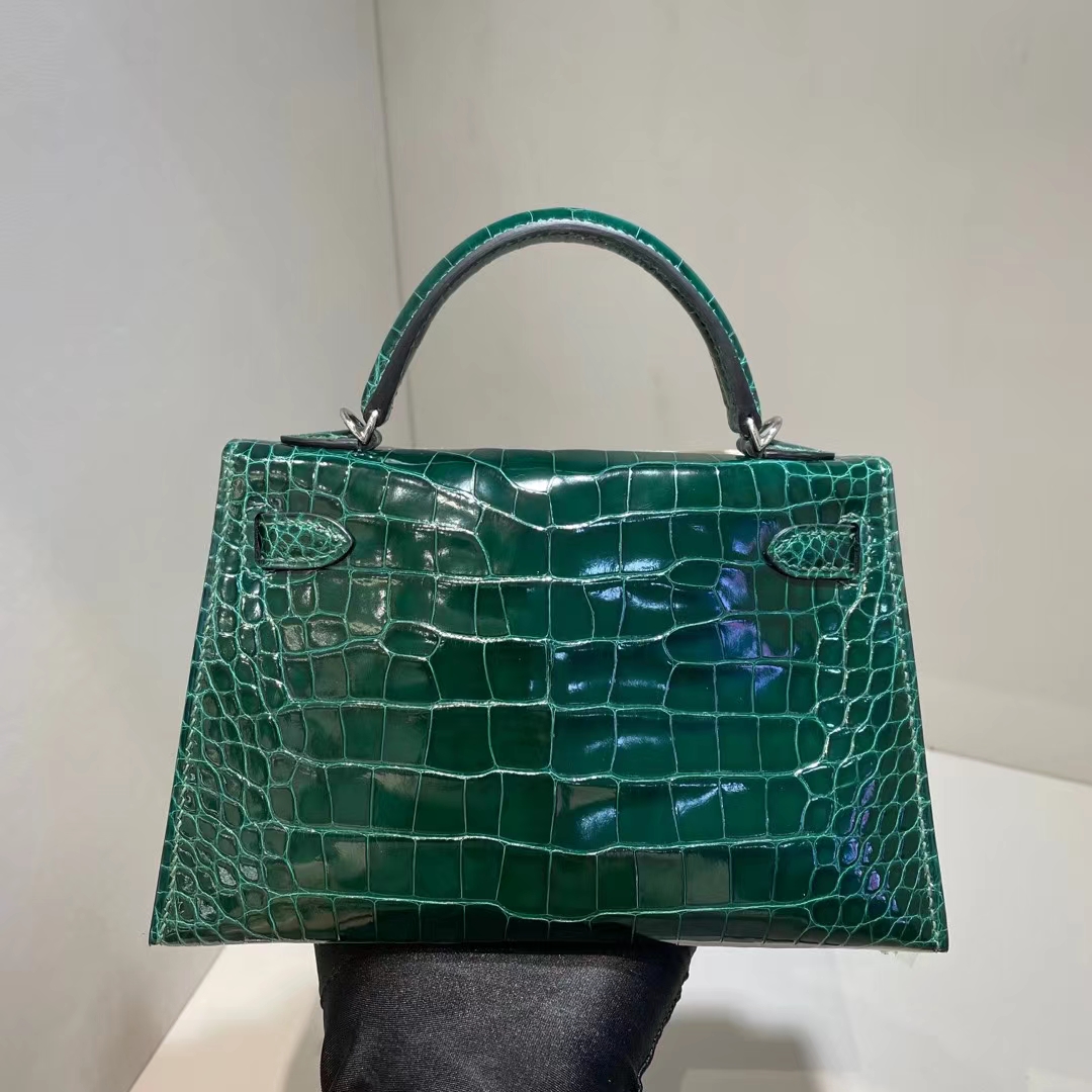 Hermès（爱马仕）mini Kelly Ⅱ 迷你凯莉 亮面美洲鳄 shiny alligator ck67 祖母绿 银扣 19cm