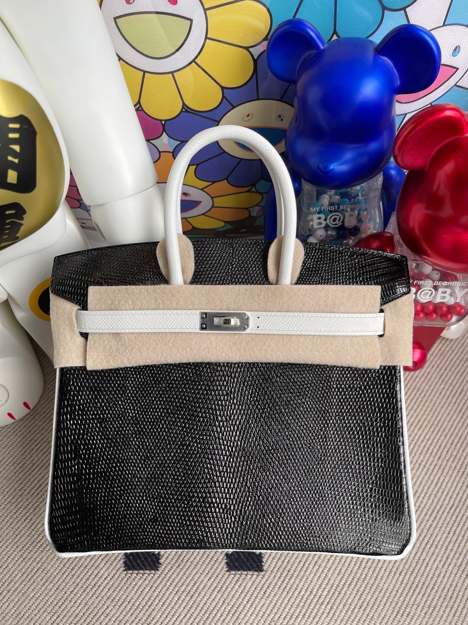 Hermès（爱马仕）Birkin 铂金包 Lizard 黑色 拼 epsom 纯白 银扣 25cm