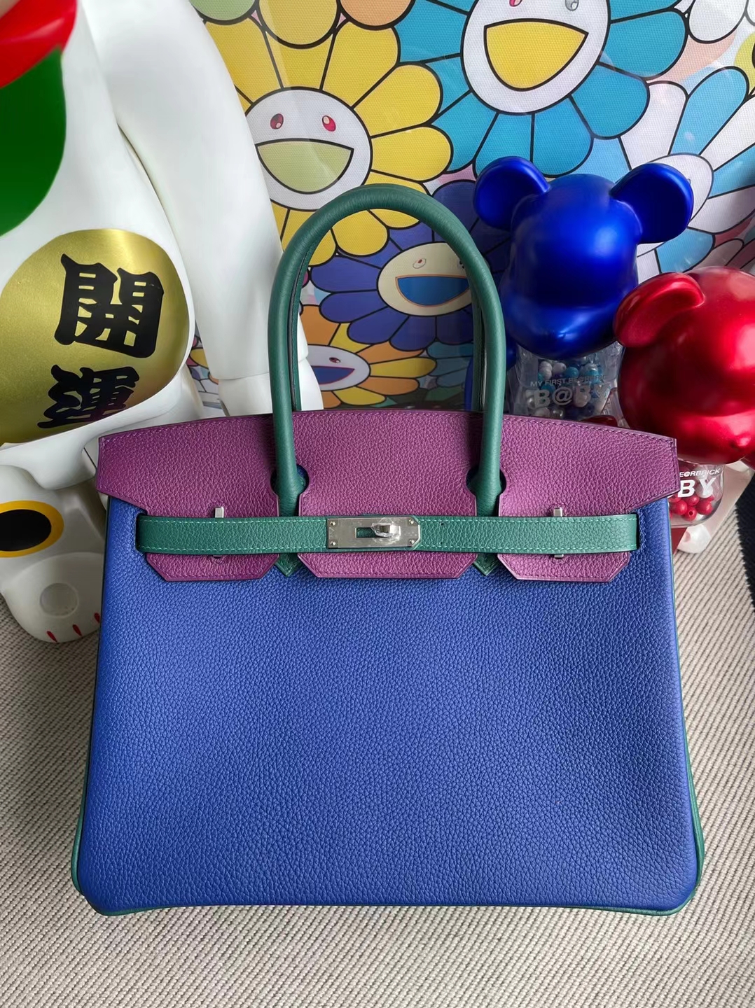 Hermès（爱马仕）Birkin 铂金包 Togo 7T 电光蓝 拼 P9 海葵紫 拼 Z6 孔雀绿 银扣 30cm