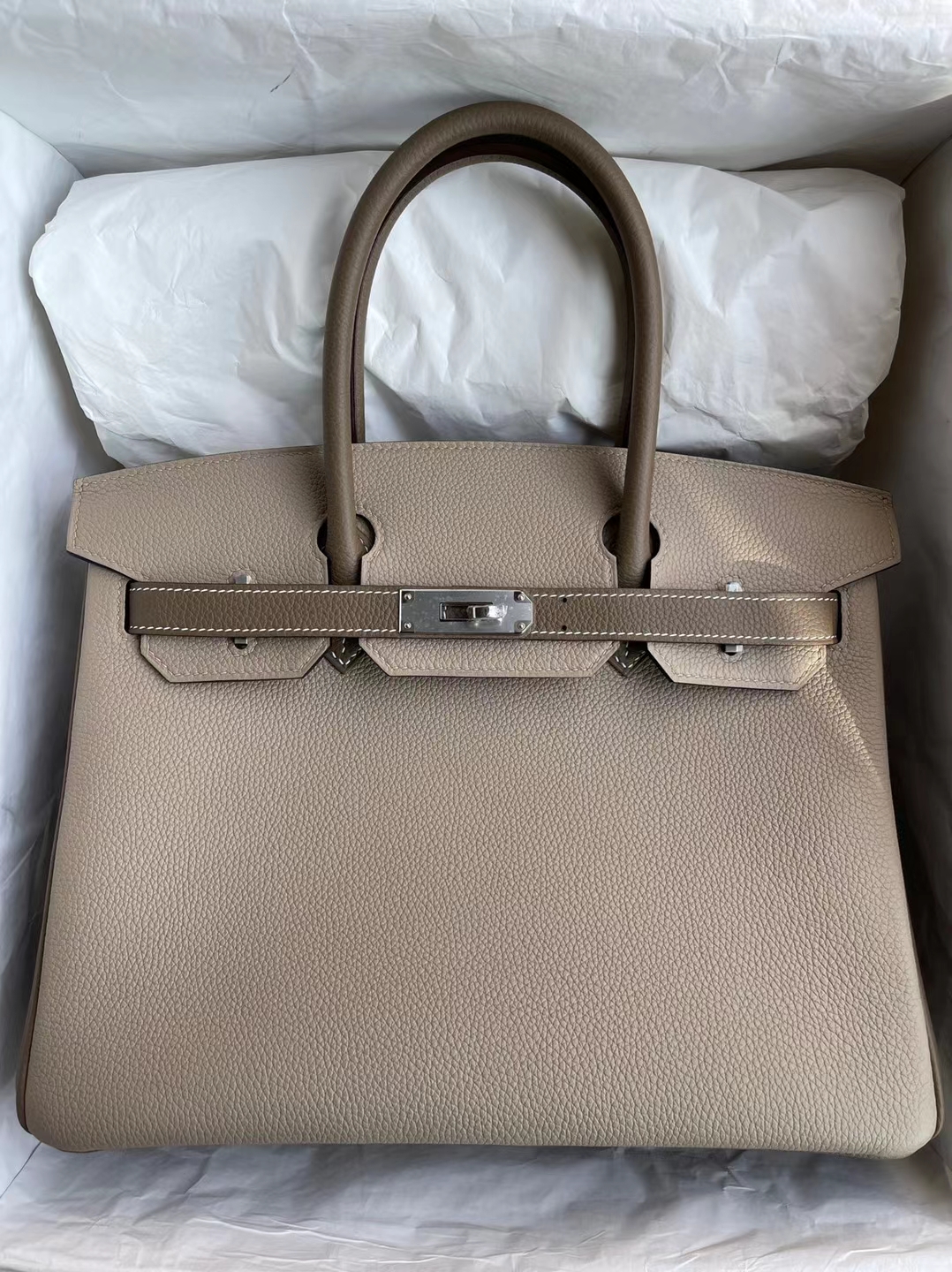 Hermès（爱马仕）Birkin 铂金包 Hss Togo Ck81 斑鸠灰 拼 Ck18 大象灰 银扣 马蹄印 25cm