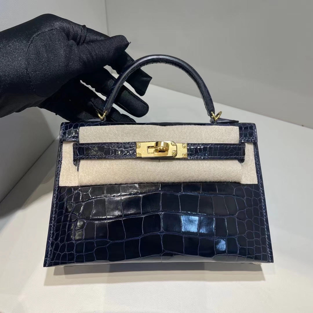 Hermès（爱马仕）Mini Kelly Ⅱ 19cm 亮面美洲鳄鱼 Ck73 宝石蓝 金扣 stock
