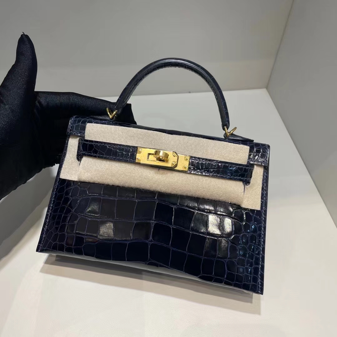 Hermès（爱马仕）Mini Kelly Ⅱ 19cm 亮面美洲鳄鱼 Ck73 宝石蓝 金扣 stock