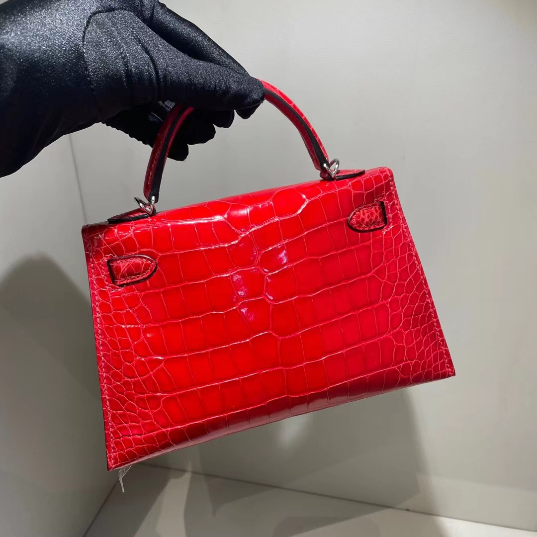 Hermès（爱马仕）Mini Kelly Ⅱ 19cm 亮面美洲鳄鱼 shiny alligator crocodile ck95 法拉利红 银扣