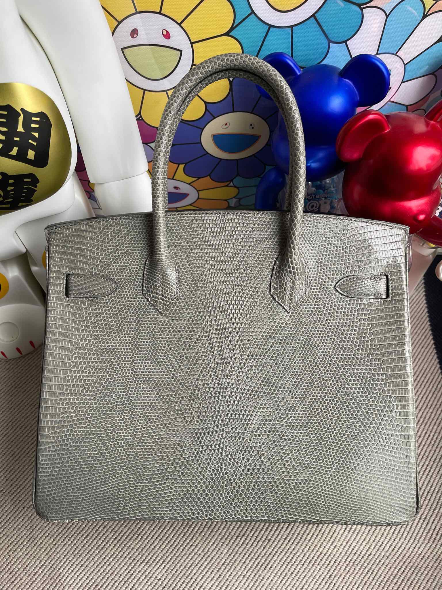Hermès（爱马仕）Birkin 铂金包 Lizard 进口亮面蜥蜴 ck81 斑鸠灰 Gris T 银扣 30cm 顶级手缝