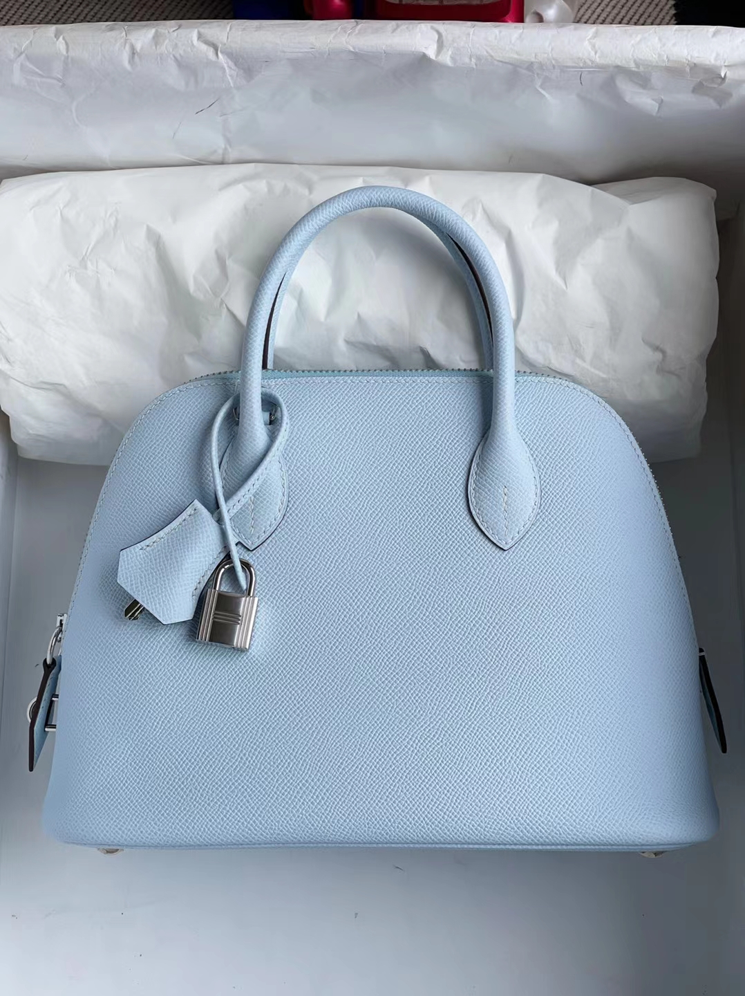 Hermès（爱马仕）Bolide 保龄球包 Epsom T0 雾蓝色 银扣 25cm 顶级手缝 现货