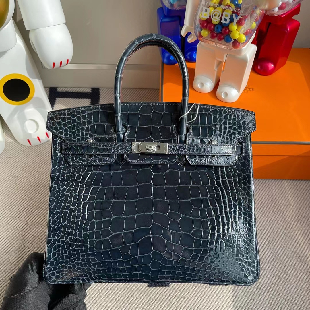 Hermès（爱马仕）Birkin 铂金包 亮面美洲鳄鱼 Ck76 深海蓝 shiny alligator crocodile 银扣 25cm