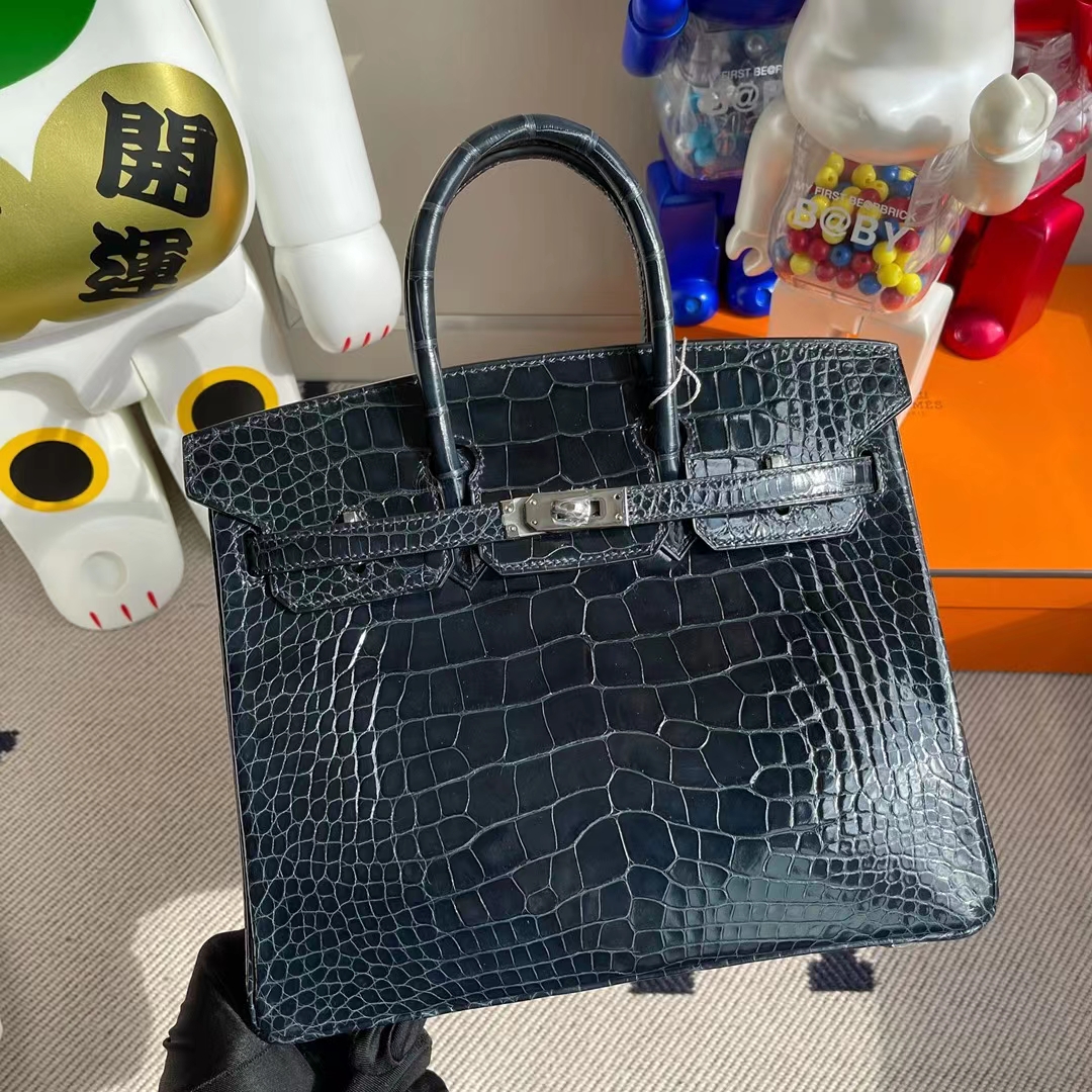Hermès（爱马仕）Birkin 铂金包 亮面美洲鳄鱼 Ck76 深海蓝 shiny alligator crocodile 银扣 25cm
