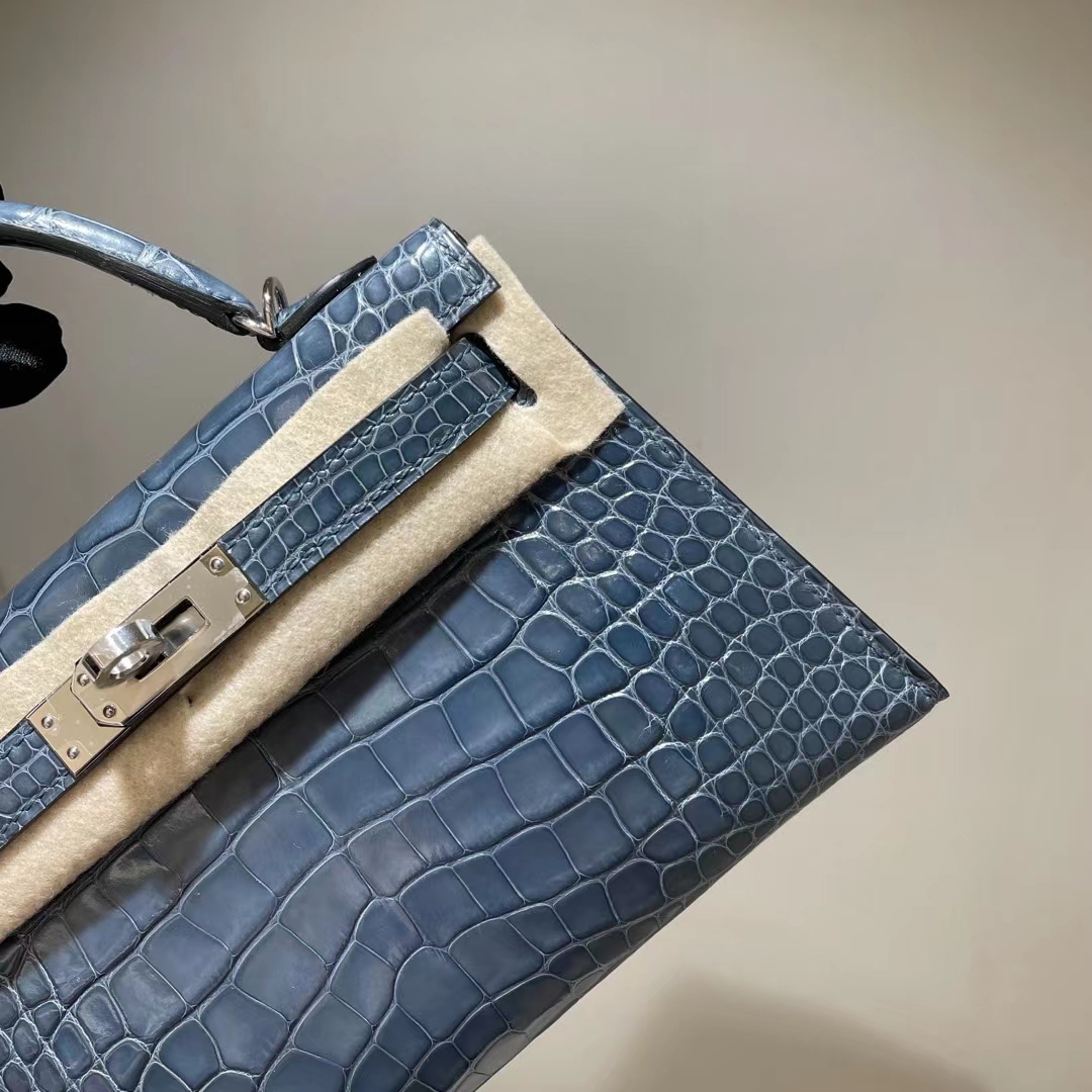Hermès（爱马仕）mini Kelly Ⅱ 迷你凯莉 亮面美洲鳄 shiny alligator ck75 牛仔蓝 银扣 19cm