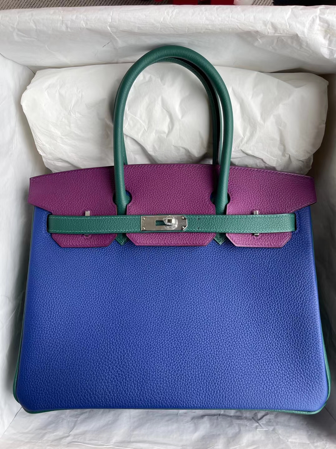Hermès（爱马仕）Birkin 铂金包 Togo 7T 电光蓝 拼 P9 海葵紫 拼 Z6 孔雀绿 银扣 30cm