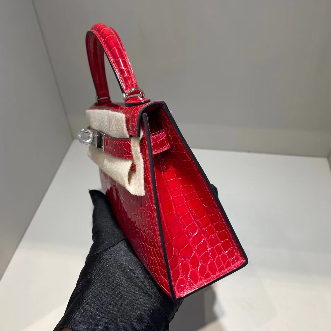 Hermès（爱马仕）Mini Kelly Ⅱ 19cm 亮面美洲鳄鱼 shiny alligator crocodile ck95 法拉利红 银扣
