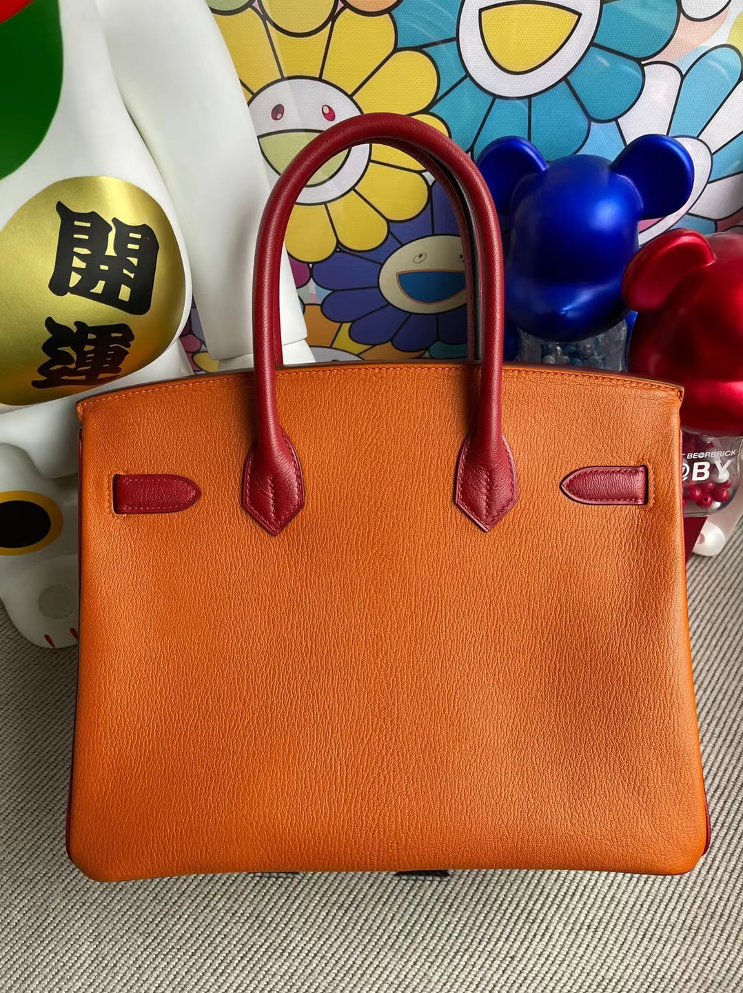 Hermès（爱马仕）Birkin 铂金包 三拼色 Chevre 牛油果绿 拼 ck93 橙色 拼 Q5 国旗红 马蹄印 银扣 30cm