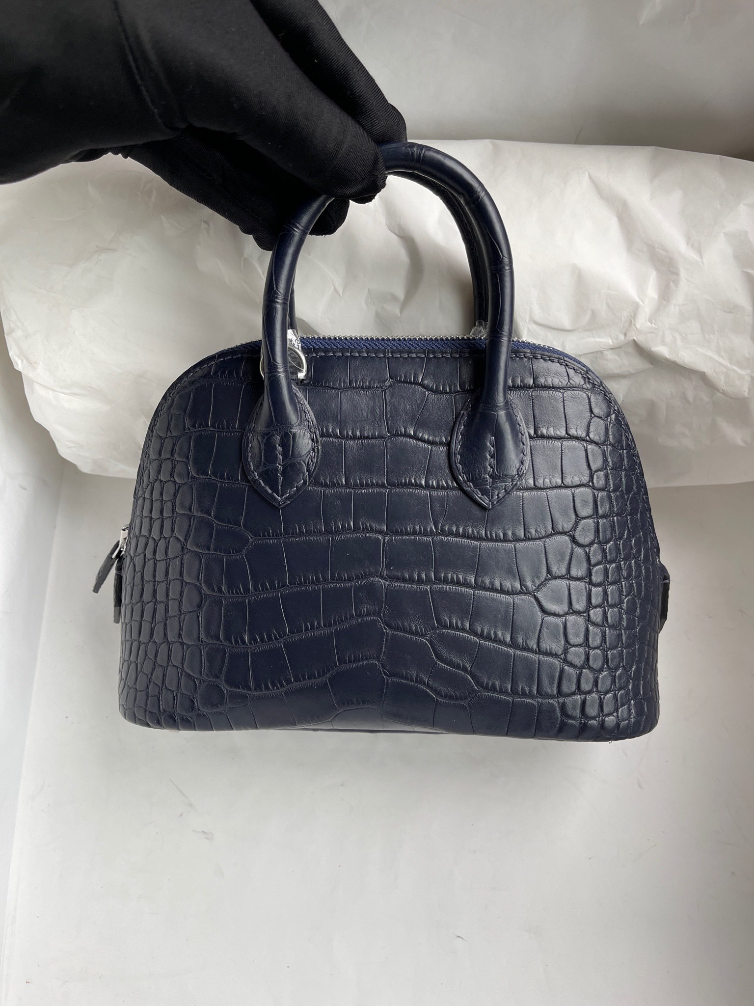 Hermès（爱马仕）Mini bolide Alligator matt 雾面鳄鱼 深海蓝 银扣 顶级手缝