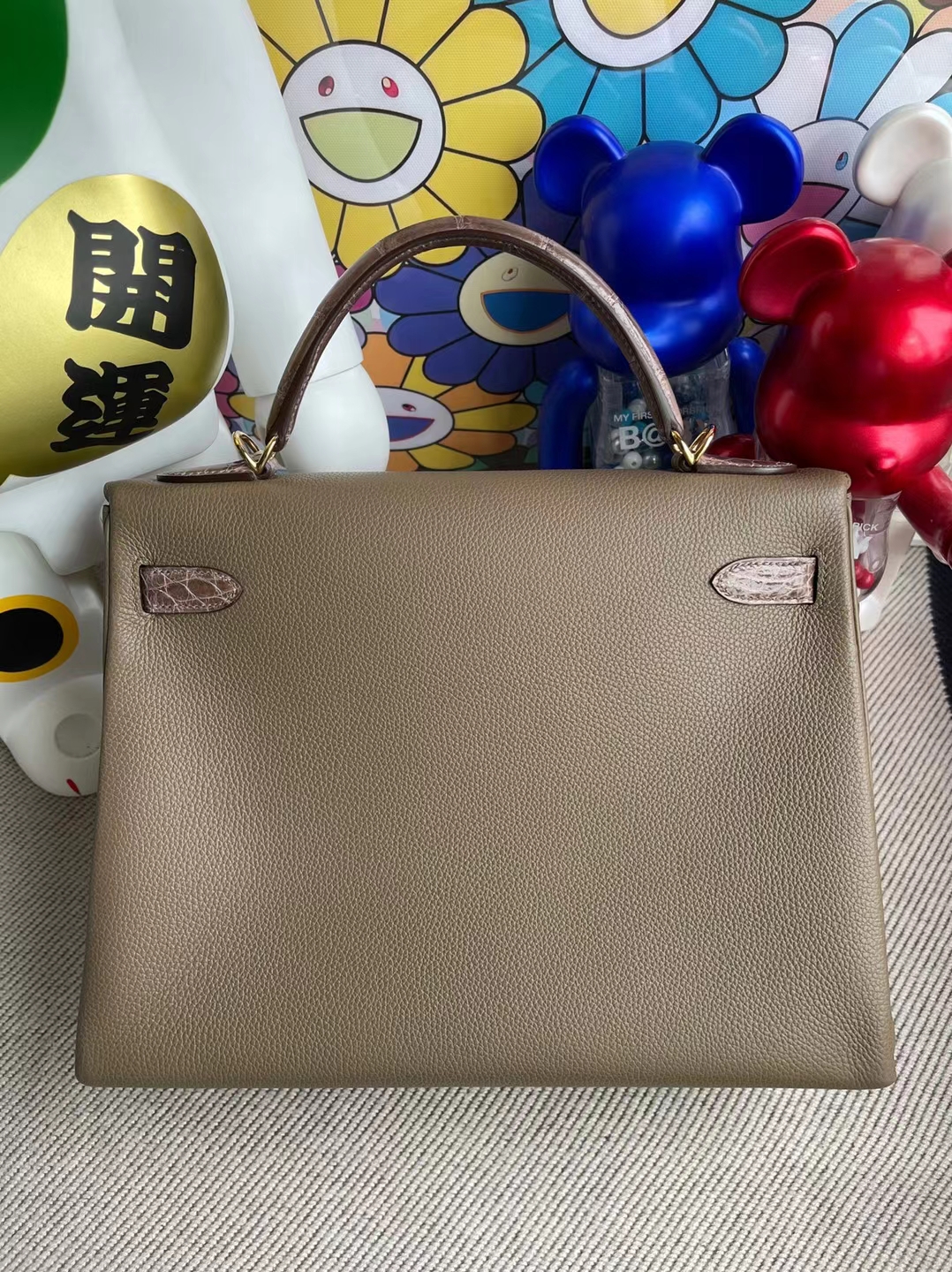 Hermès（爱马仕）Kelly Touch 凯莉包 Togo 拼 亮面鳄鱼 Ck18 大象灰 金扣 32cm