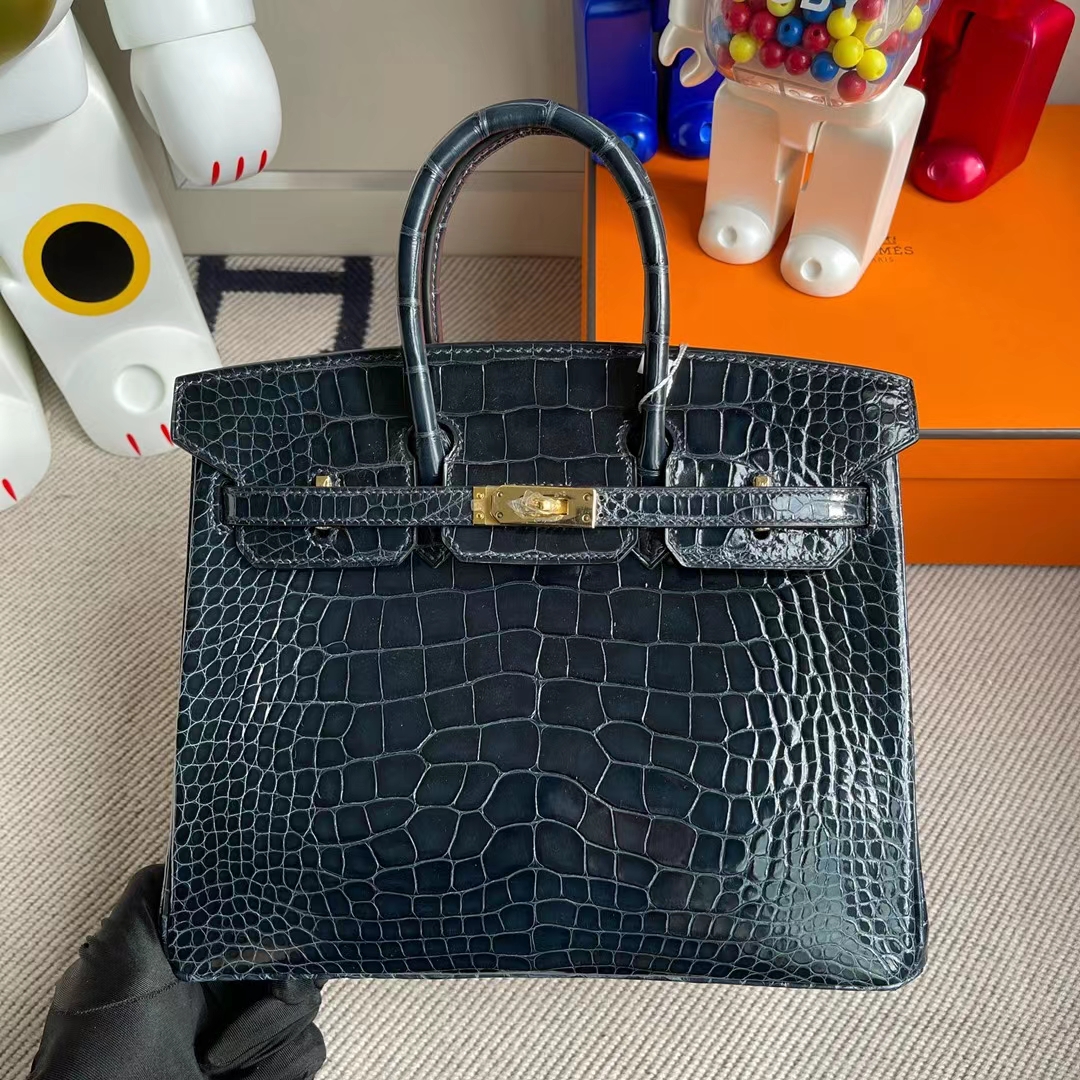 Hermès（爱马仕）Birkin 铂金包 亮面美洲鳄鱼 Ck76 深海蓝 shiny alligator crocodile 金扣 25cm