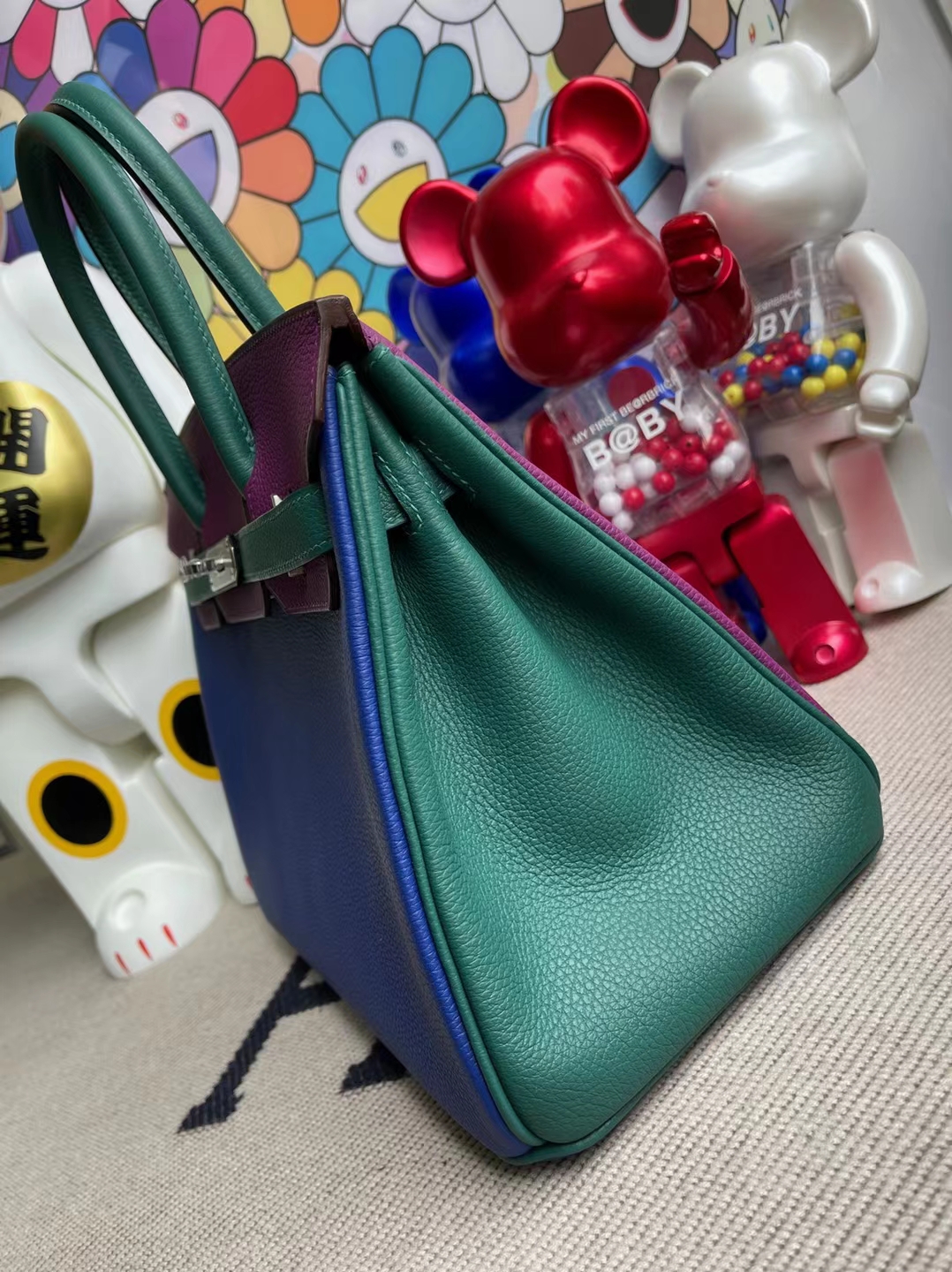 Hermès（爱马仕）Birkin 铂金包 Togo 7T 电光蓝 拼 P9 海葵紫 拼 Z6 孔雀绿 银扣 30cm