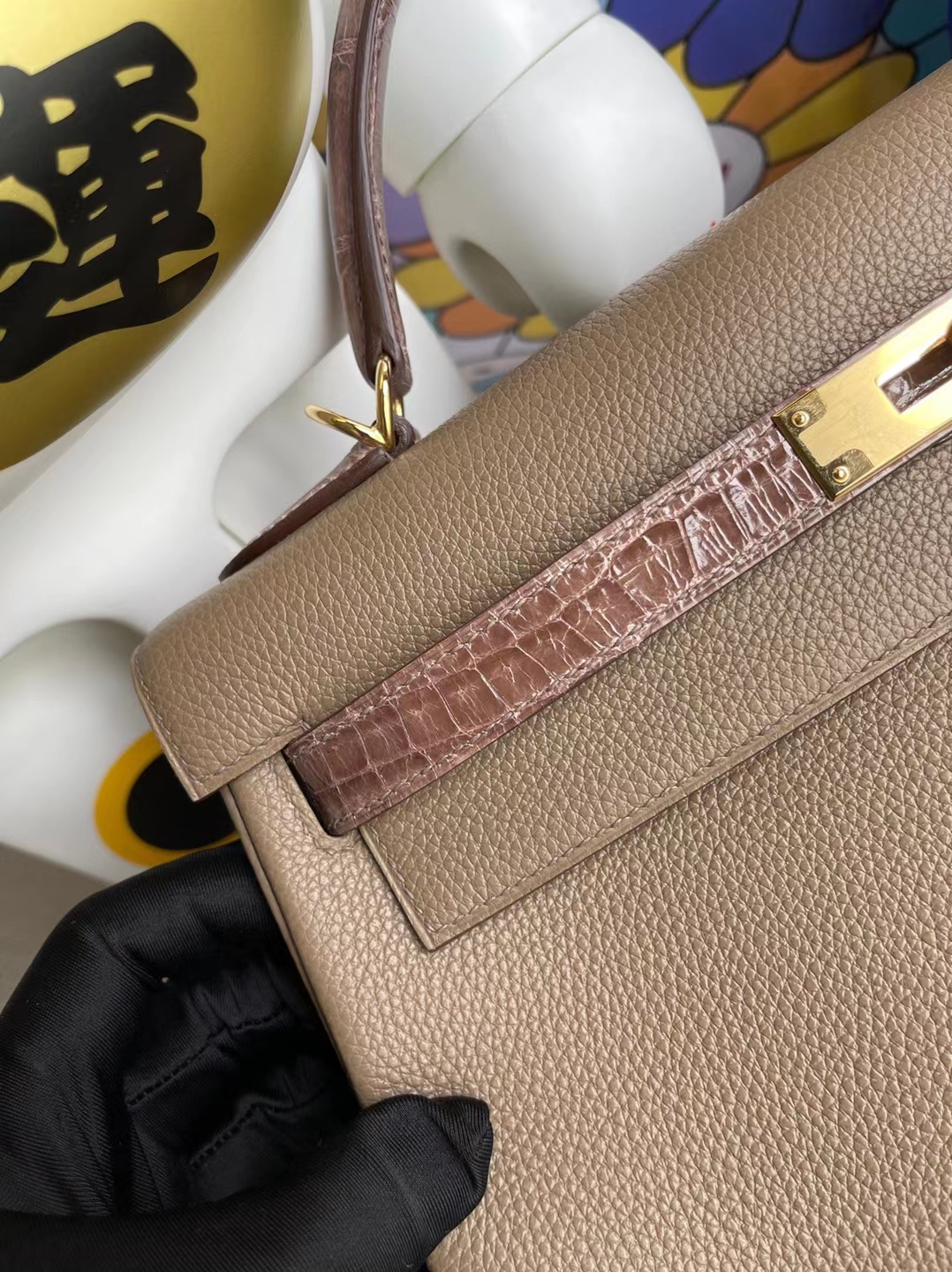 Hermès（爱马仕）Kelly Touch 凯莉包 Togo 拼 亮面鳄鱼 Ck18 大象灰 金扣 32cm