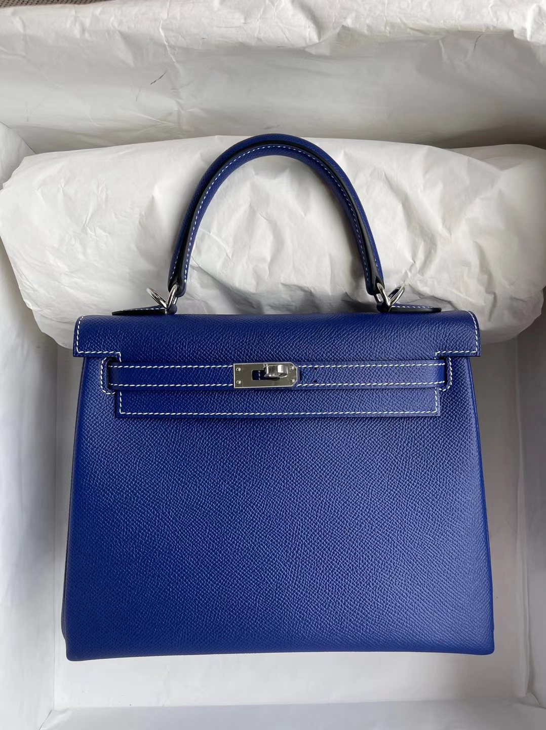 Hermès（爱马仕）Kelly 凯莉包 Epsom 内缝 7T 电光蓝 白色线 银扣 25cm 订制