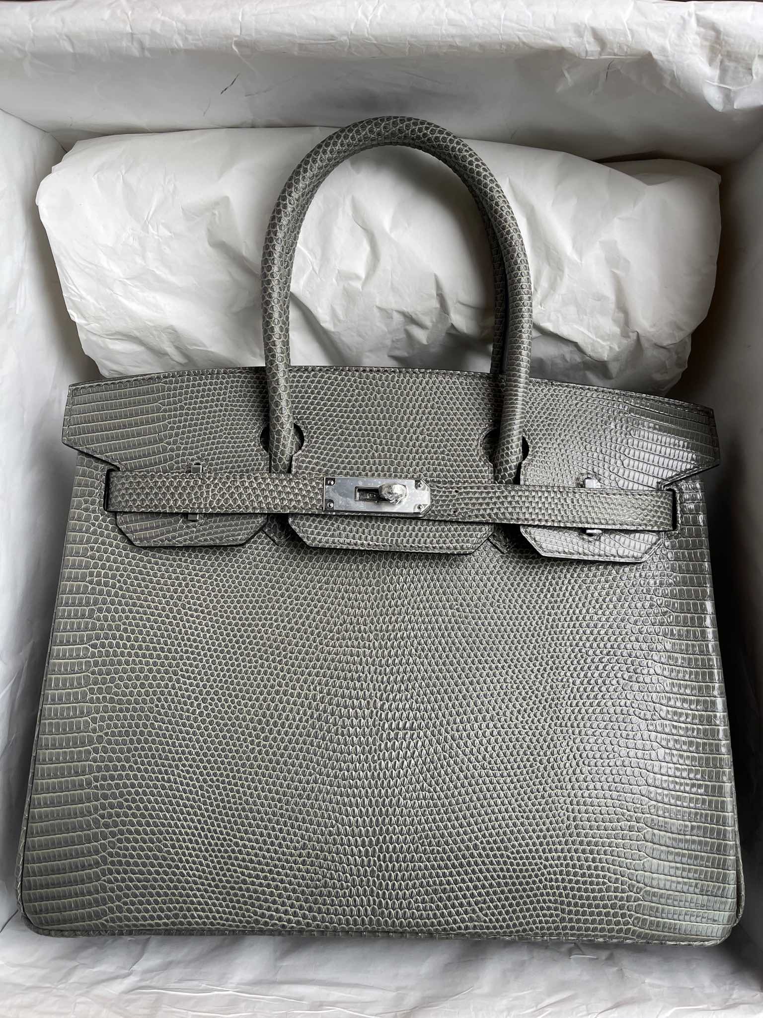Hermès（爱马仕）Birkin 铂金包 Lizard 进口亮面蜥蜴 ck81 斑鸠灰 Gris T 银扣 30cm 顶级手缝