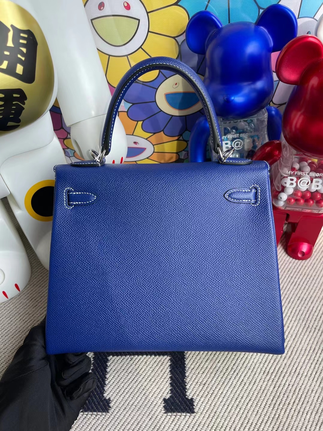 Hermès（爱马仕）Kelly 凯莉包 Epsom 内缝 7T 电光蓝 白色线 银扣 25cm 订制