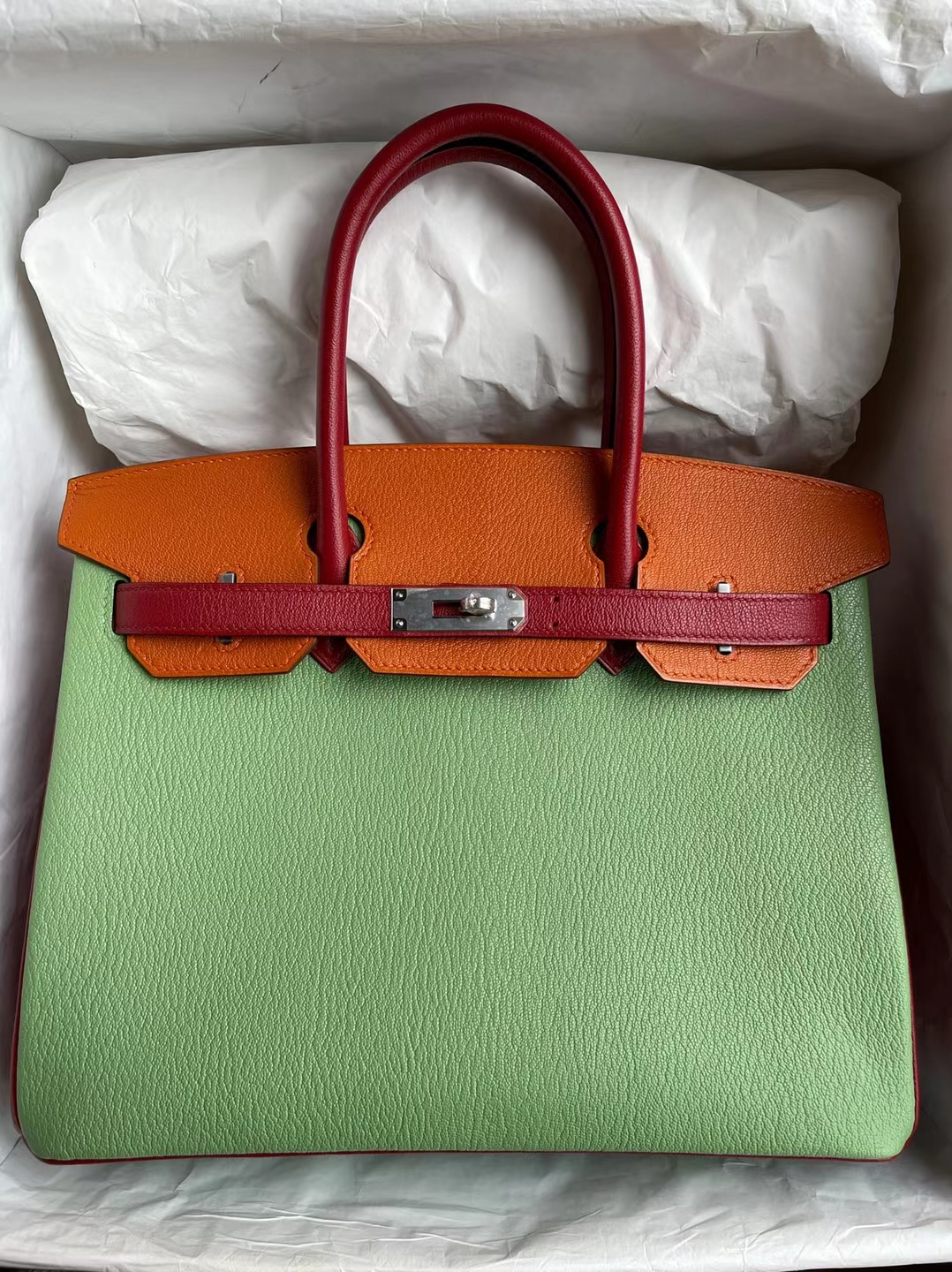 Hermès（爱马仕）Birkin 铂金包 三拼色 Chevre 牛油果绿 拼 ck93 橙色 拼 Q5 国旗红 马蹄印 银扣 30cm