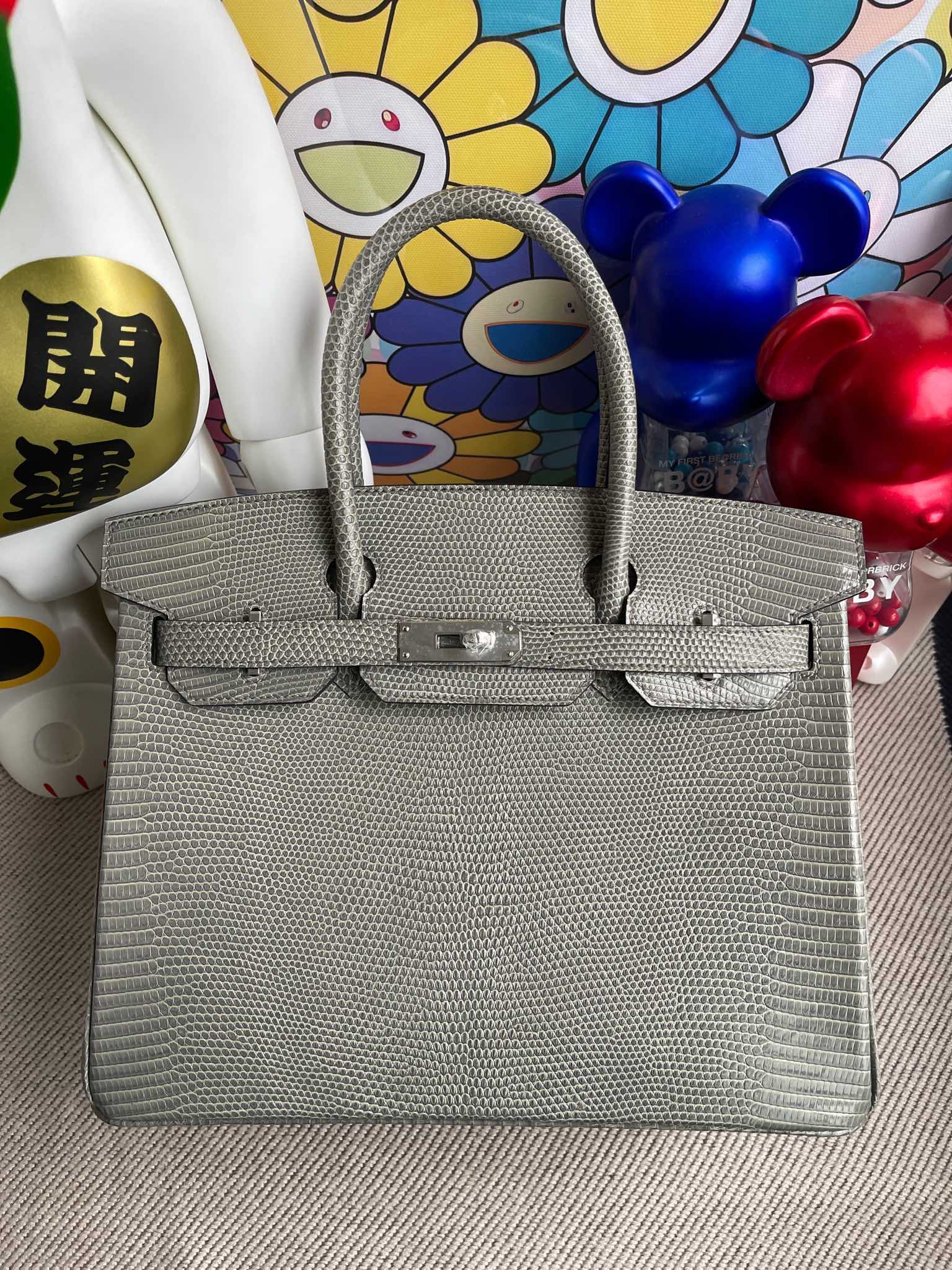 Hermès（爱马仕）Birkin 铂金包 Lizard 进口亮面蜥蜴 ck81 斑鸠灰 Gris T 银扣 30cm 顶级手缝