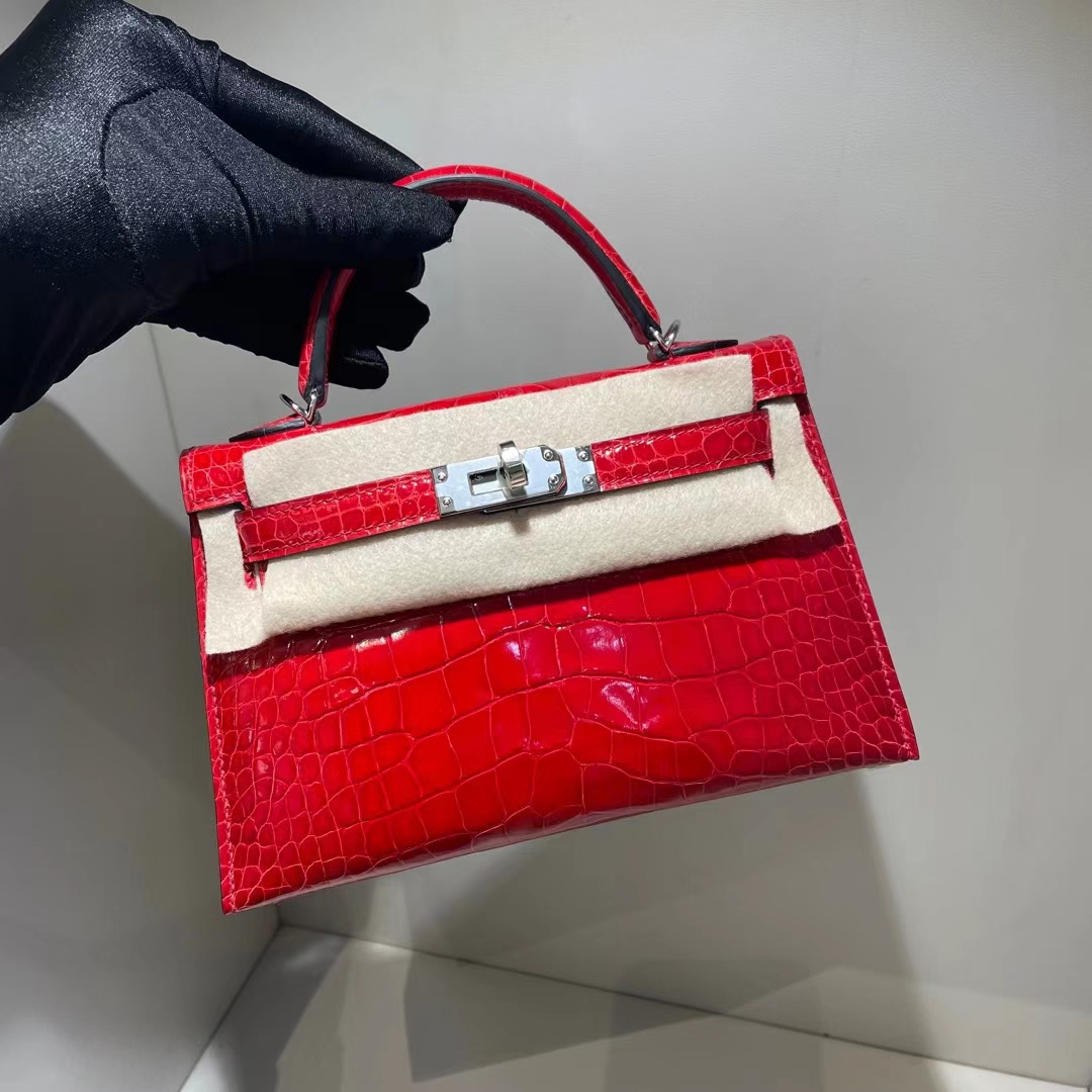 Hermès（爱马仕）Mini Kelly Ⅱ 19cm 亮面美洲鳄鱼 shiny alligator crocodile ck95 法拉利红 银扣