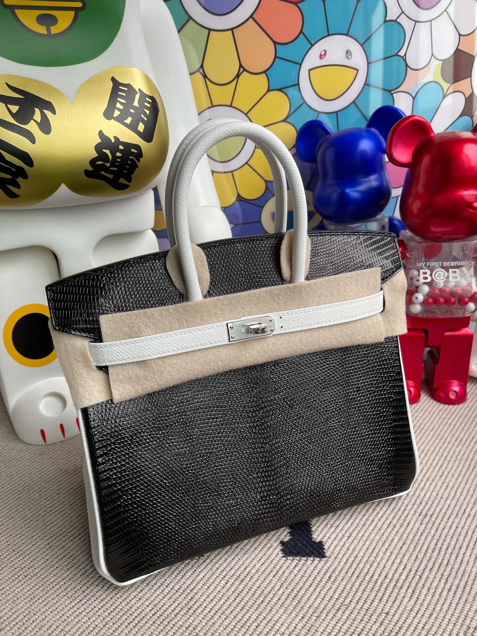 Hermès（爱马仕）Birkin 铂金包 Lizard 黑色 拼 epsom 纯白 银扣 25cm