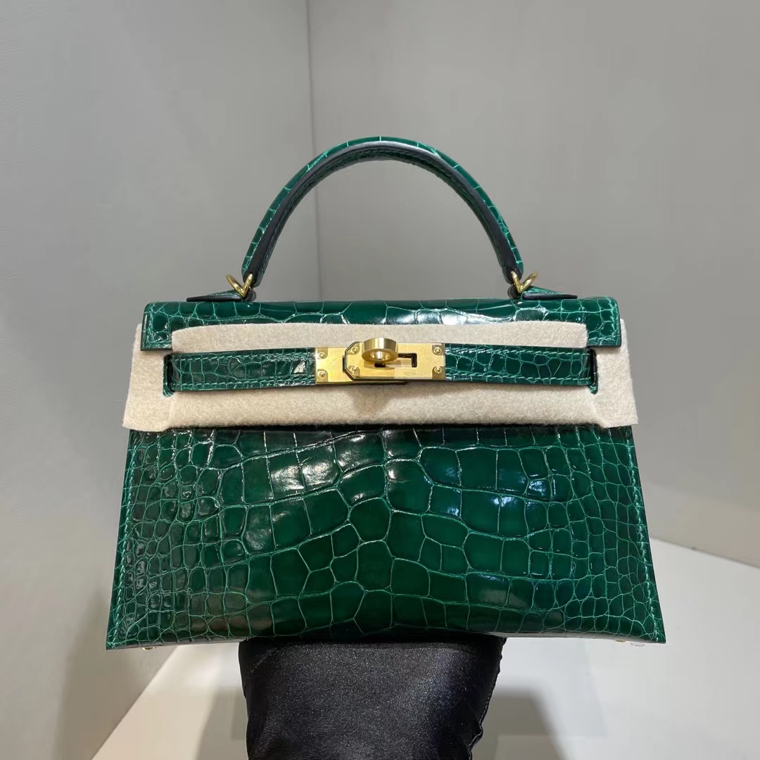 Hermès（爱马仕）mini Kelly Ⅱ 迷你凯莉 亮面美洲鳄 shiny alligator ck67 祖母绿 金扣 19cm