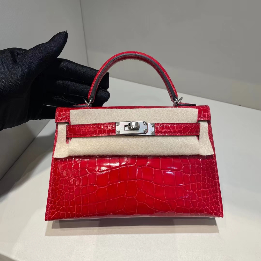 Hermès（爱马仕）Mini Kelly Ⅱ 19cm 亮面美洲鳄鱼 shiny alligator crocodile ck95 法拉利红 银扣