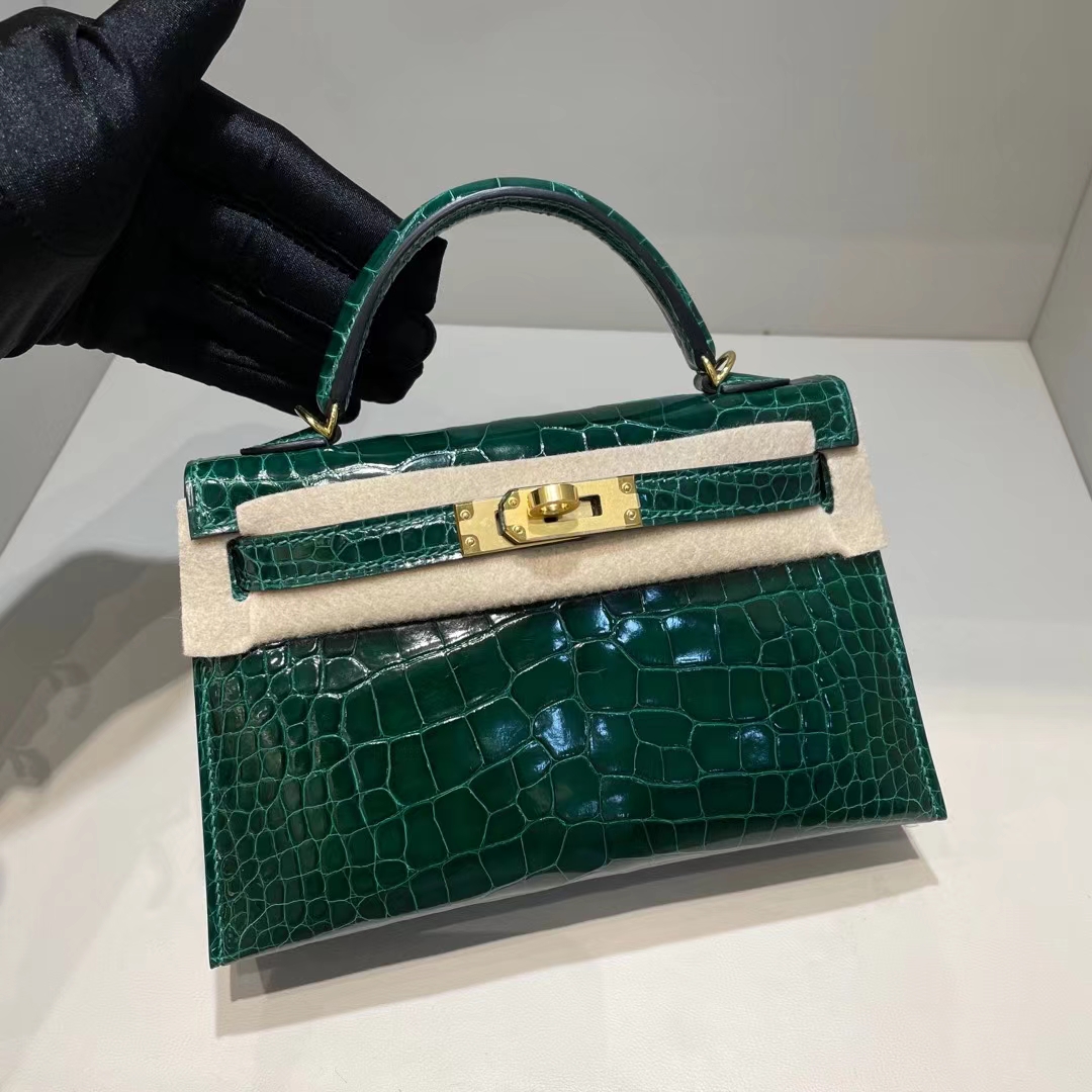 Hermès（爱马仕）mini Kelly Ⅱ 迷你凯莉 亮面美洲鳄 shiny alligator ck67 祖母绿 金扣 19cm