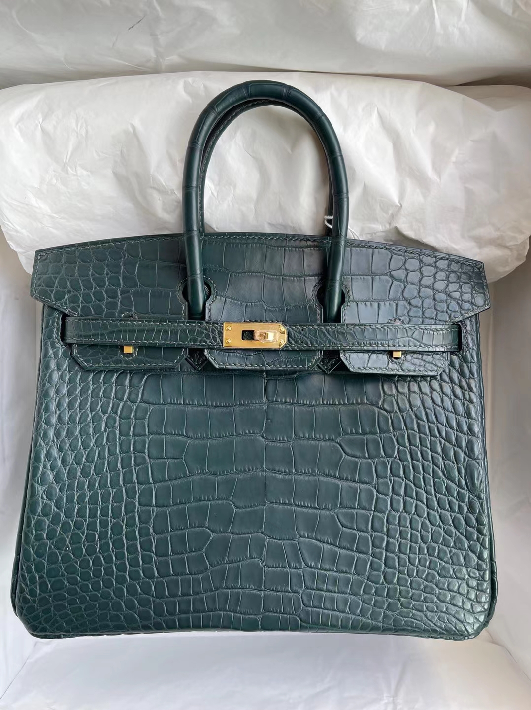 Hermès（爱马仕）Birkin 铂金包 雾面美洲鳄 V0 卢俊绿 matte alligator crocodile 金扣 25cm
