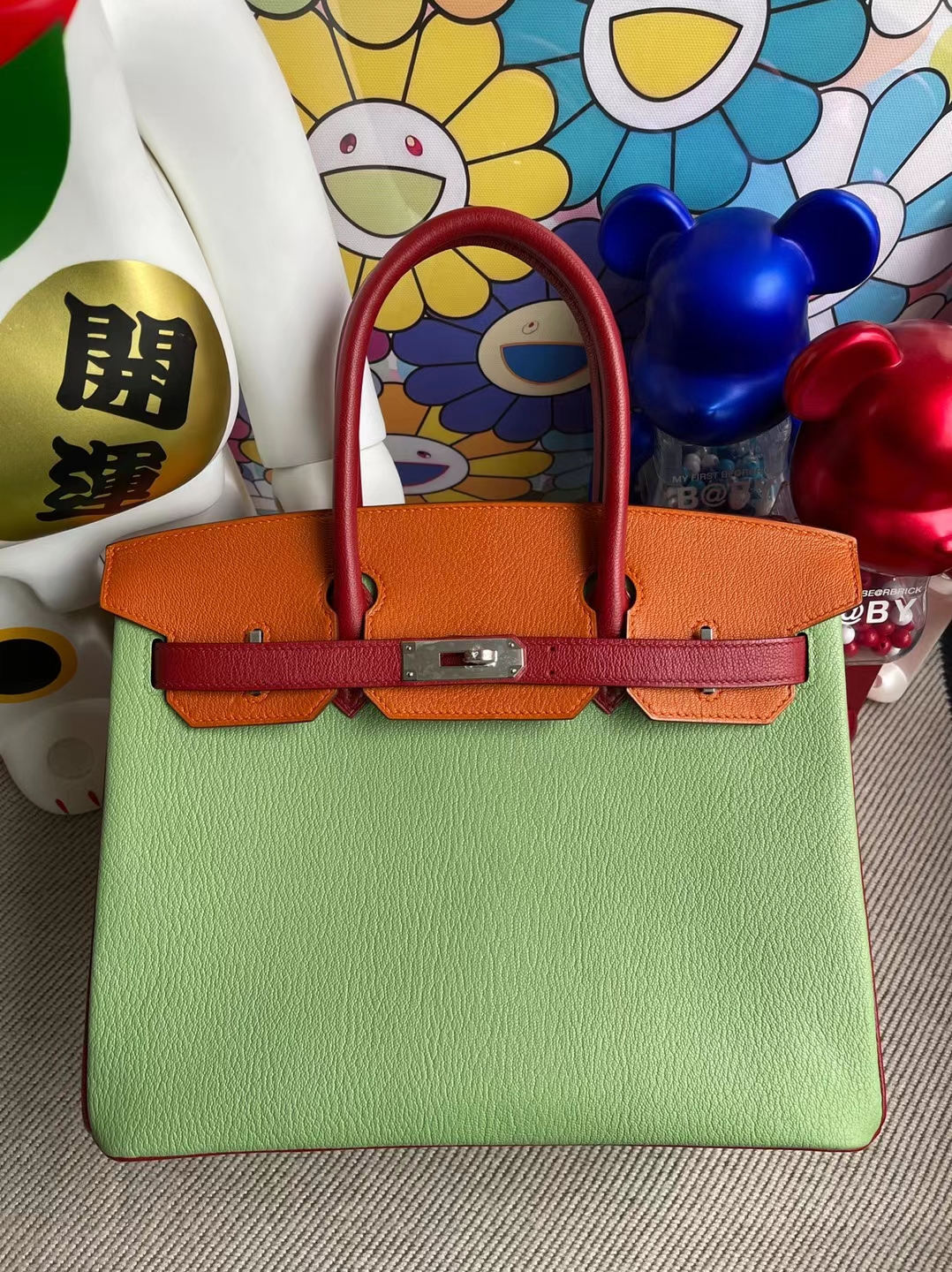 Hermès（爱马仕）Birkin 铂金包 三拼色 Chevre 牛油果绿 拼 ck93 橙色 拼 Q5 国旗红 马蹄印 银扣 30cm