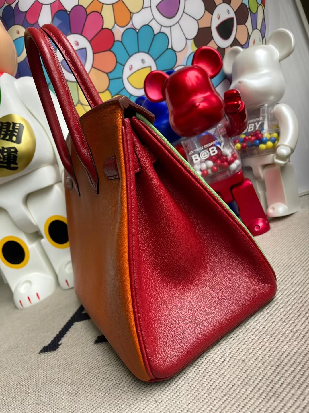 Hermès（爱马仕）Birkin 铂金包 三拼色 Chevre 牛油果绿 拼 ck93 橙色 拼 Q5 国旗红 马蹄印 银扣 30cm