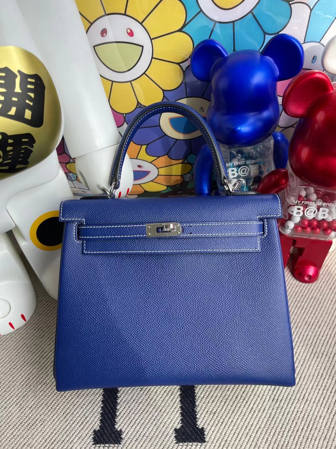Hermès（爱马仕）Kelly 凯莉包 Epsom 内缝 7T 电光蓝 白色线 银扣 25cm 订制