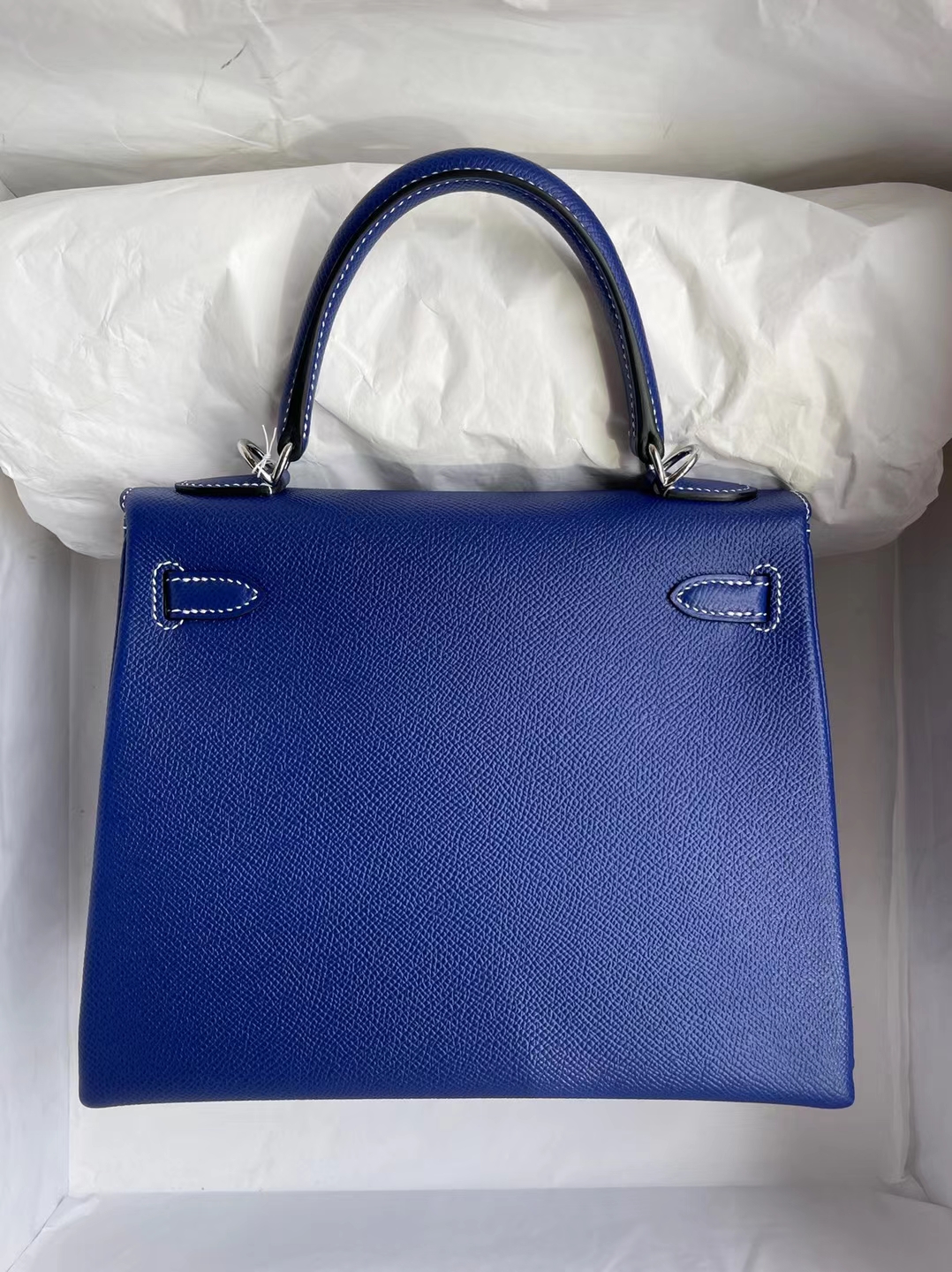 Hermès（爱马仕）Kelly 凯莉包 Epsom 内缝 7T 电光蓝 白色线 银扣 25cm 订制