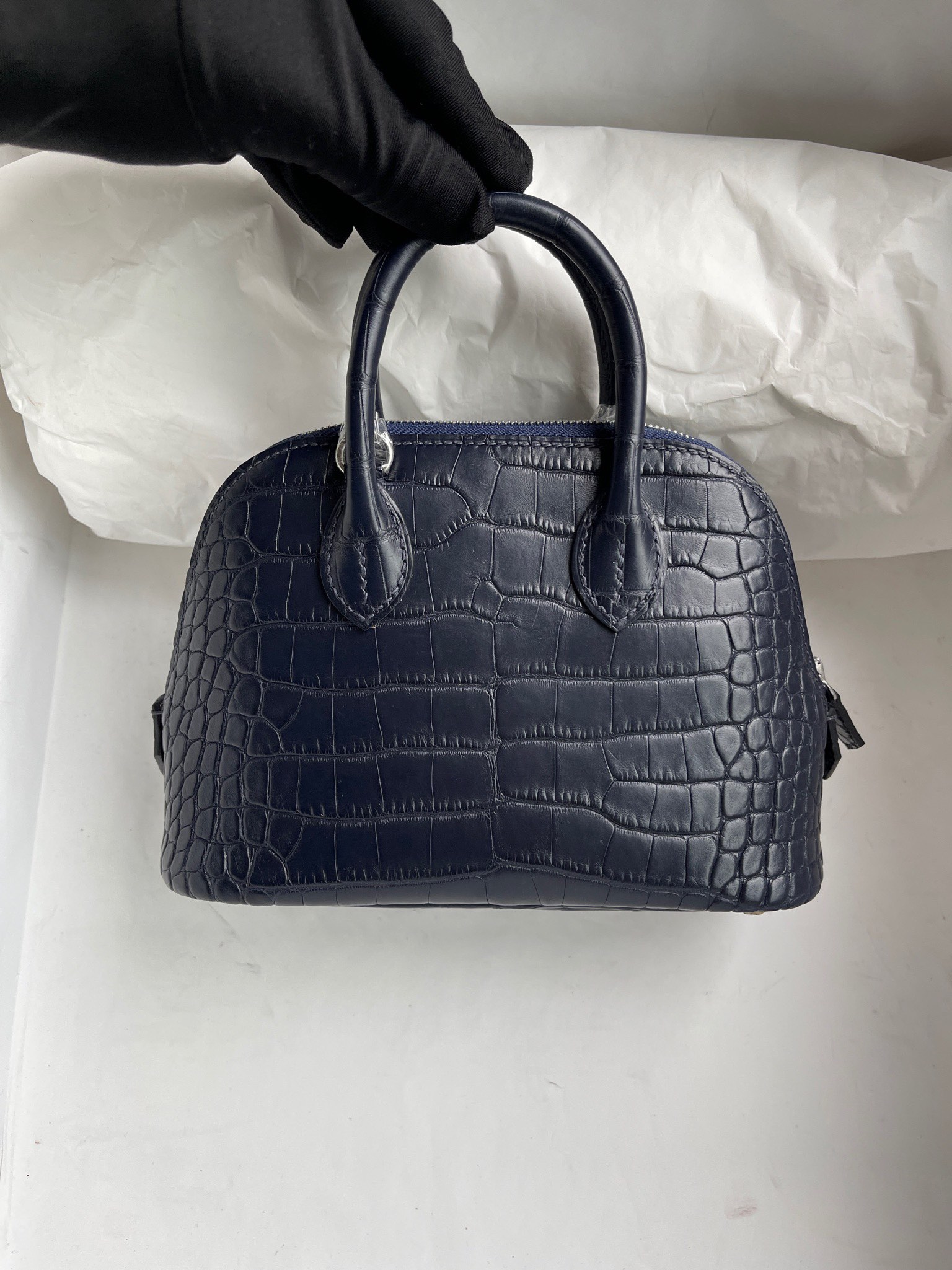 Hermès（爱马仕）Mini bolide Alligator matt 雾面鳄鱼 深海蓝 银扣 顶级手缝