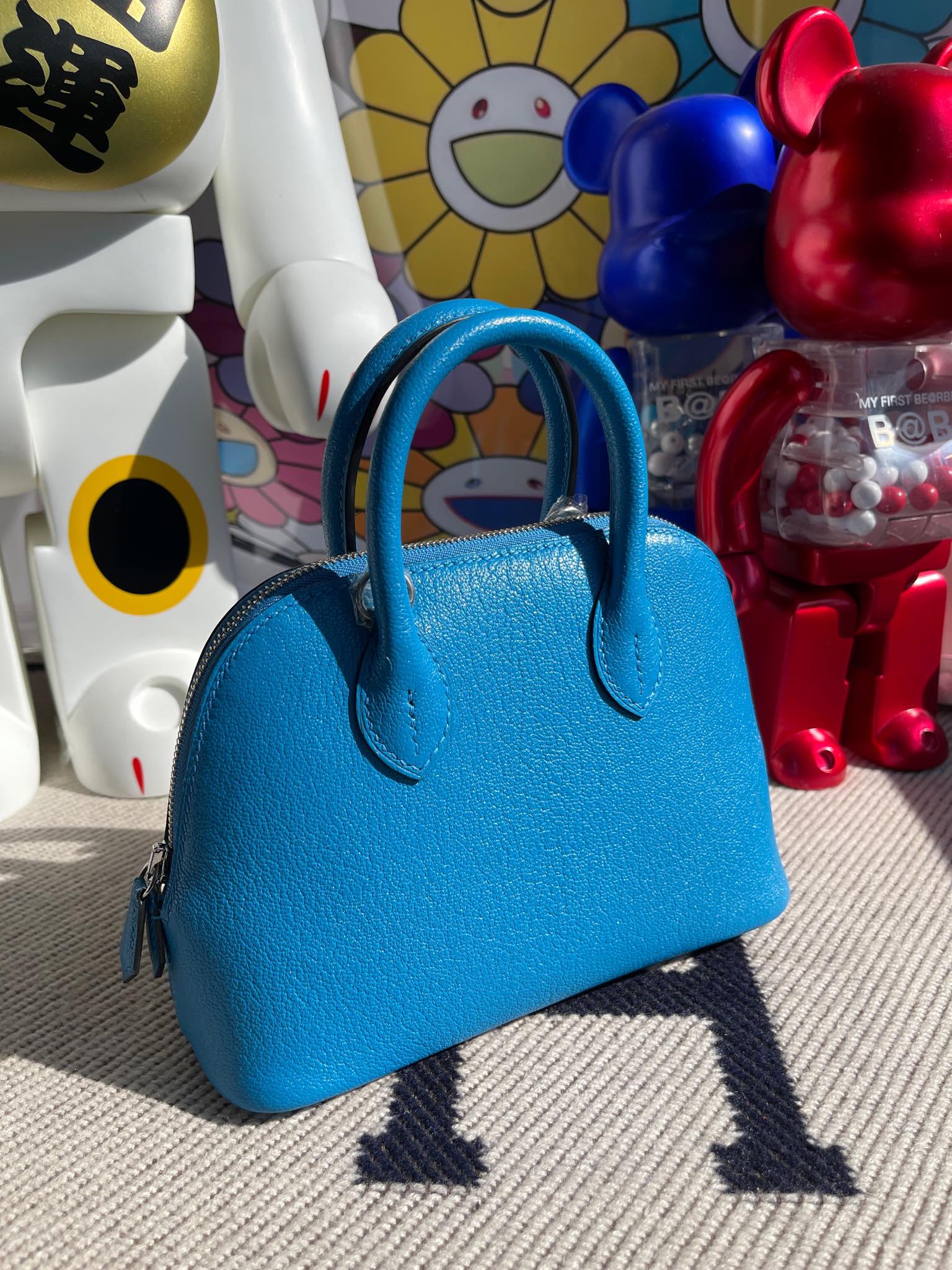Hermès（爱马仕）Mini Bolide 迷你保龄球包 Chevre F0 佛罗里达蓝 银扣 顶级手缝