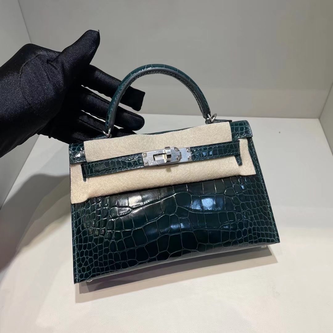 Hermès（爱马仕）Mini Kelly 亮面美洲鳄 6O 松柏绿 银扣 Shiny alligator crocodile 19cm