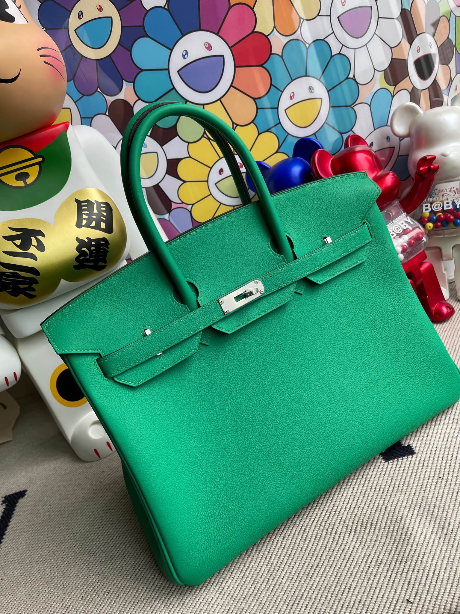 Hermès(爱马仕)Birkin 铂金包 TN皮 U4 丝绒绿 内拼 天堂蓝 银扣 25cm 顶级手缝 现货-拉尔森鳄鱼皮具定制 - 爱马仕包包官网 Hermès(爱马仕)Birkin 铂金包 TN皮 U4 丝绒绿 内拼 天堂蓝 银扣 25cm 顶级手缝 现货