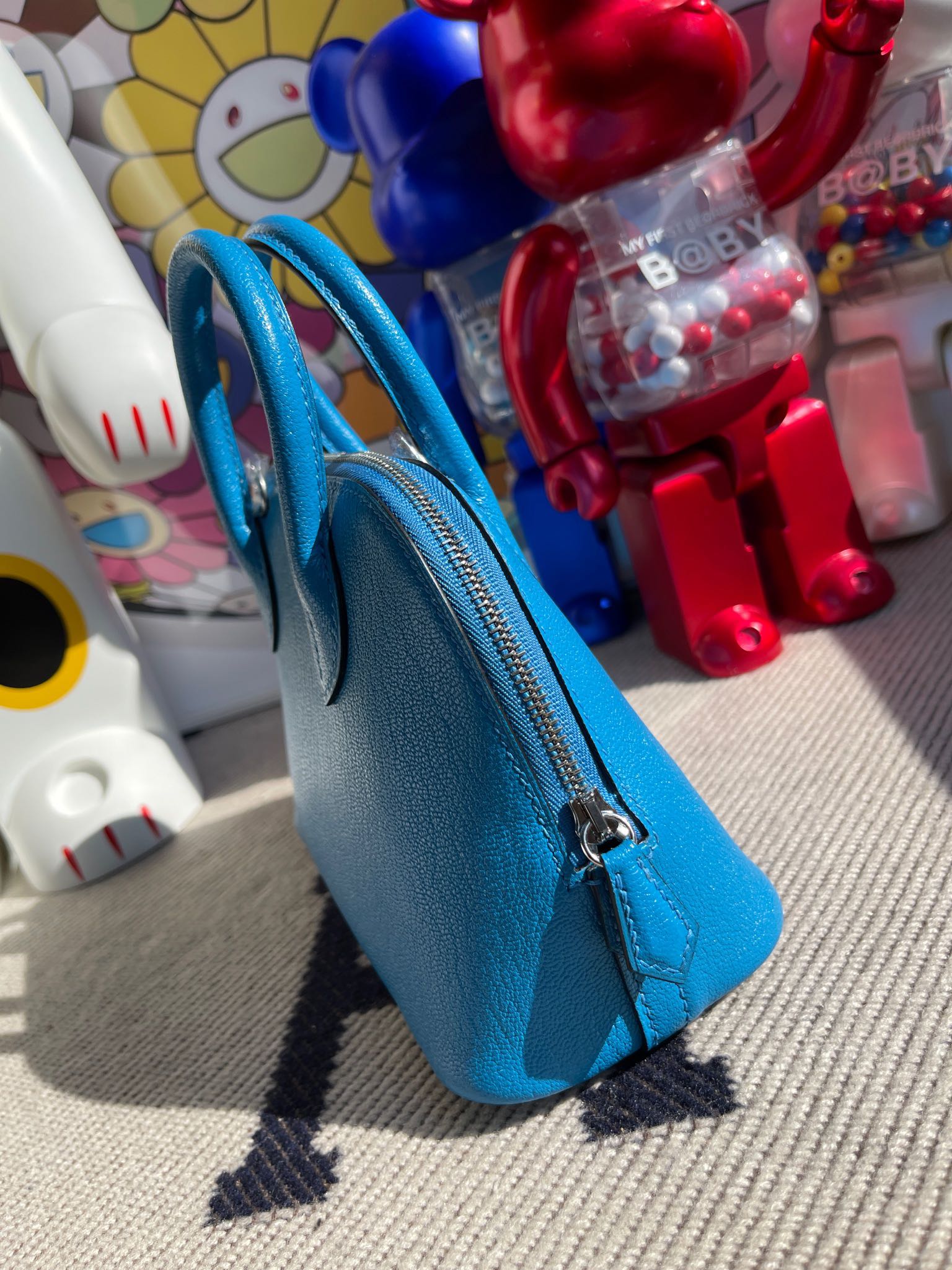 Hermès（爱马仕）Mini Bolide 迷你保龄球包 Chevre F0 佛罗里达蓝 银扣 顶级手缝
