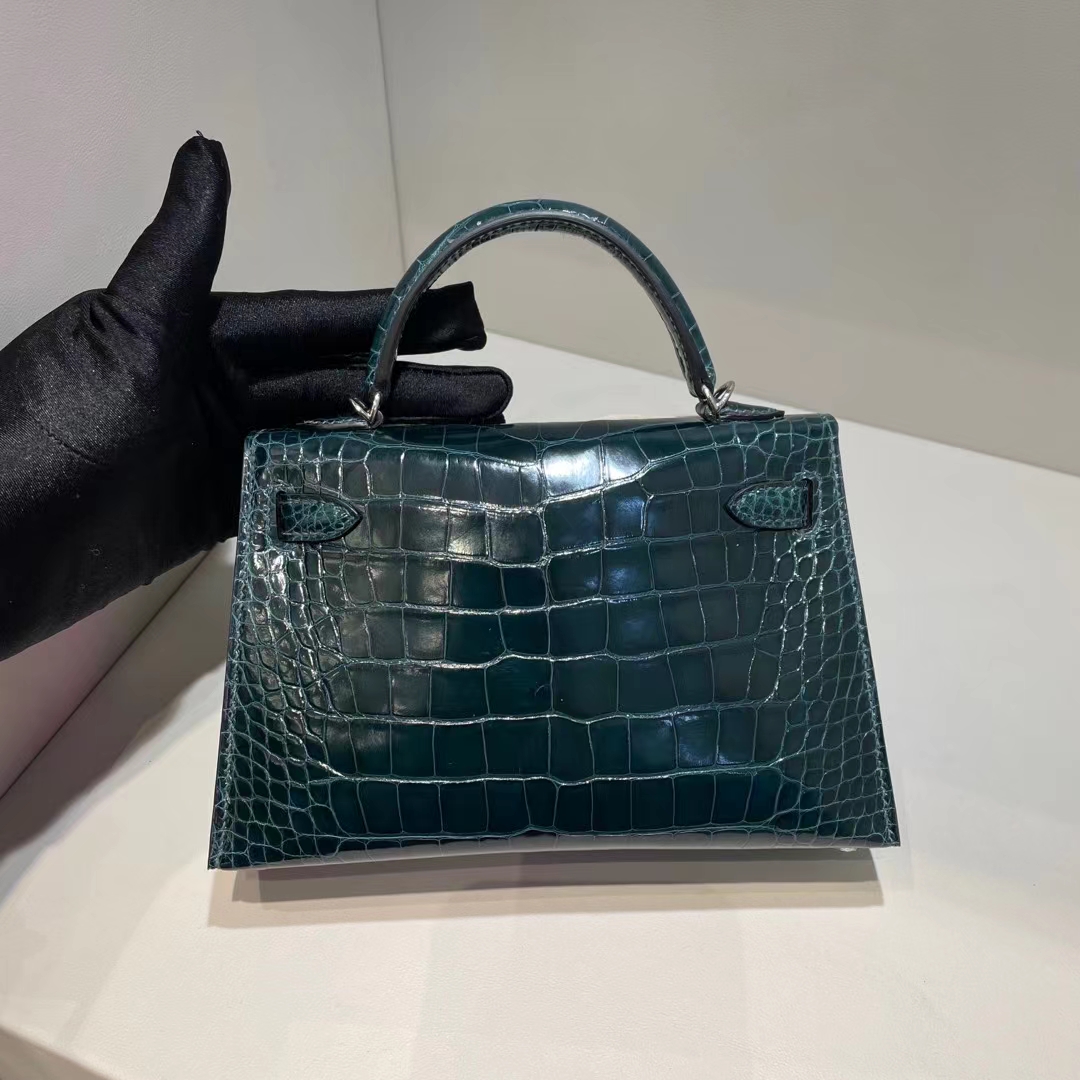 Hermès（爱马仕）Mini Kelly 亮面美洲鳄 6O 松柏绿 银扣 Shiny alligator crocodile 19cm
